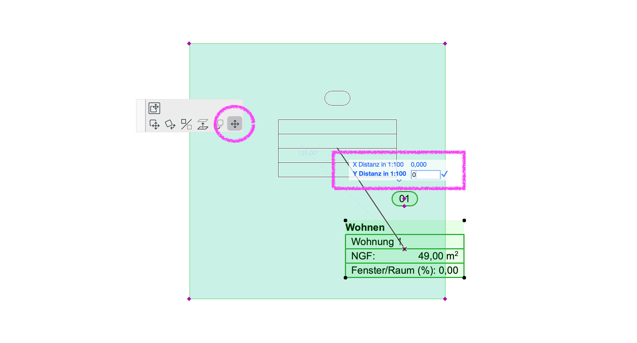 Archicad floor plan showing a selected zone and zone stamp being repositioned, with the move tool and coordinate input fields for X and Y distances visible.
