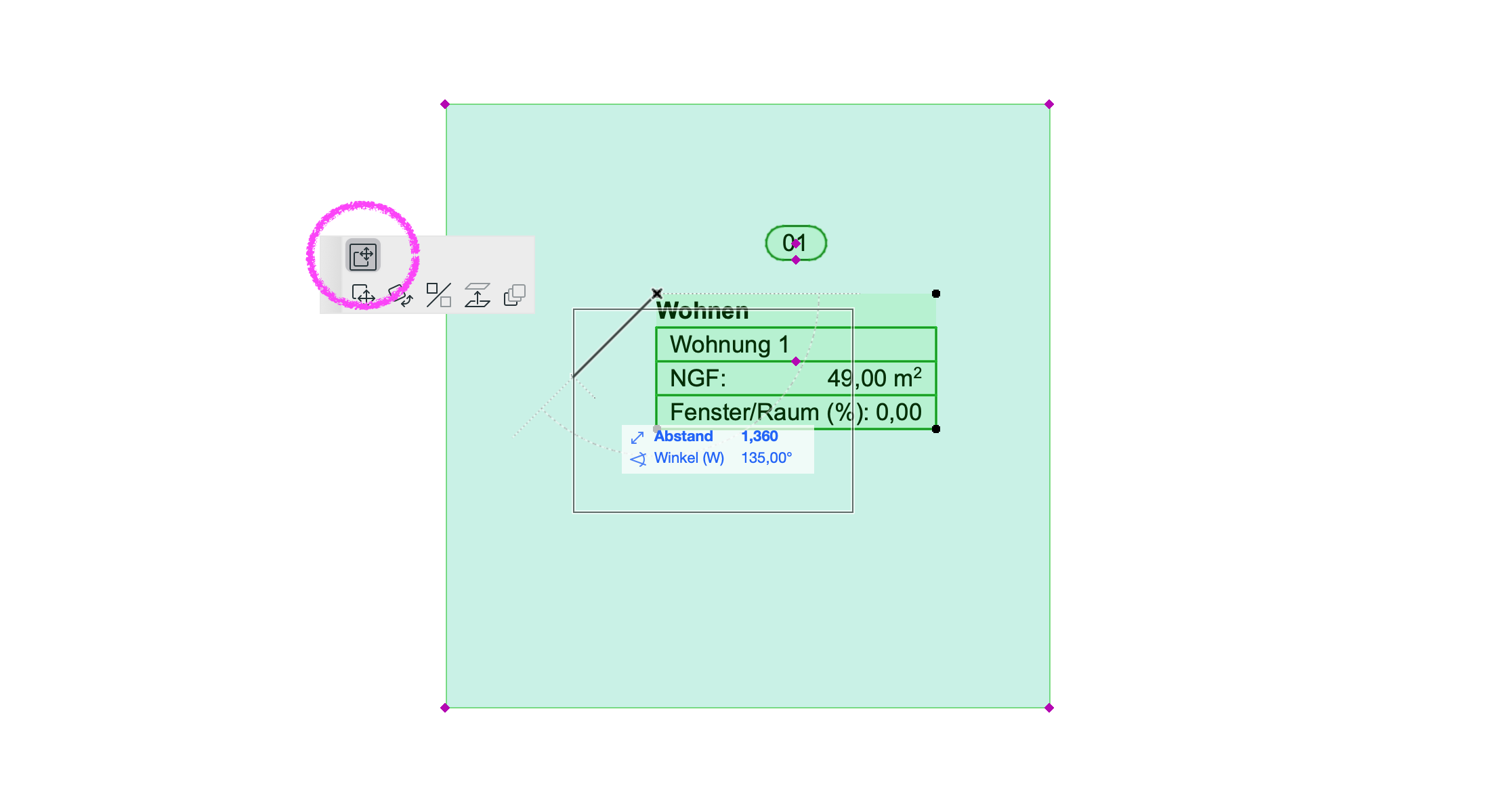 Archicad floor plan showing a selected zone stamp being moved, with the move command active and dynamic distance and angle input displayed.