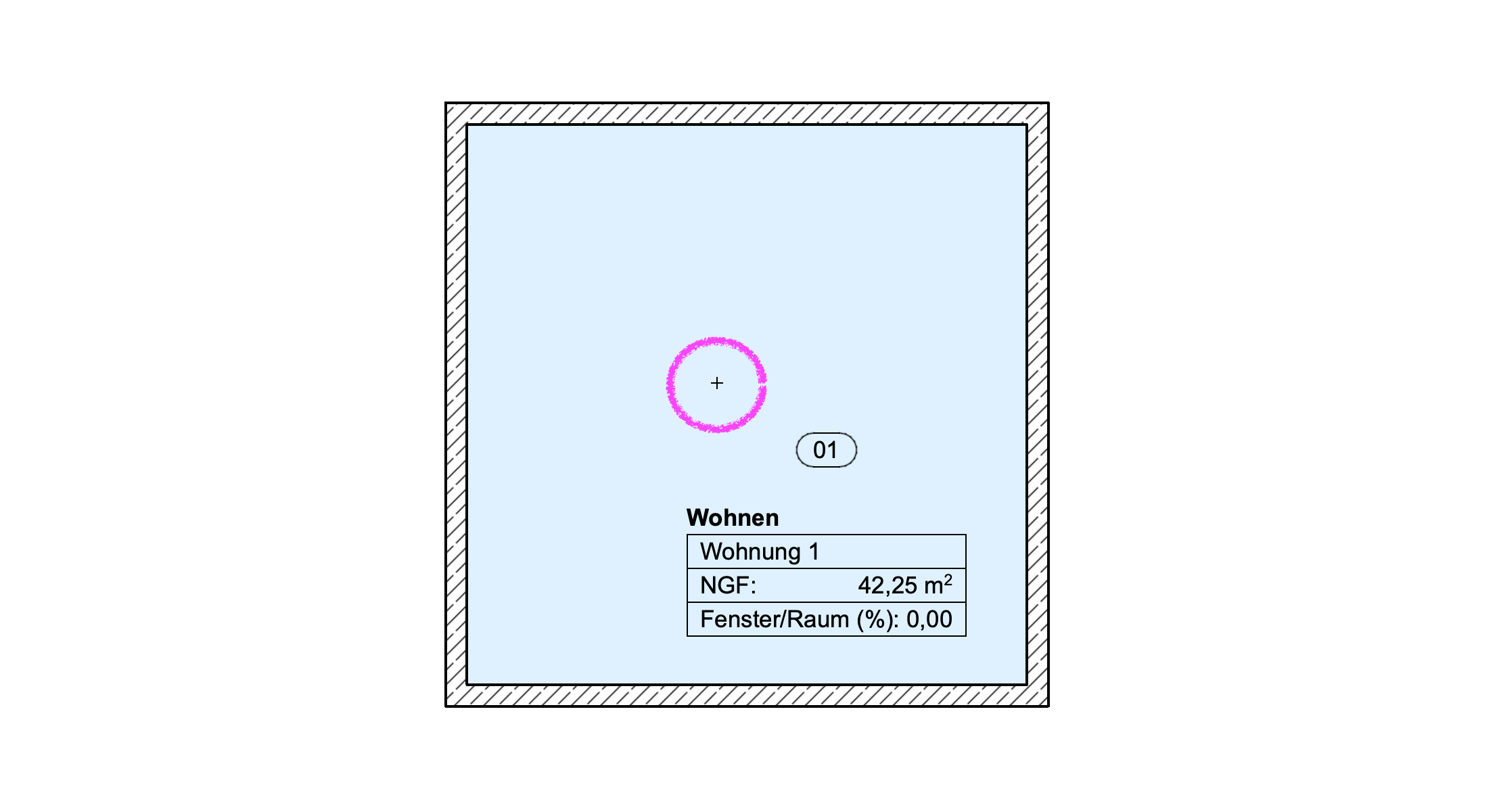 Archicad floor plan showing a zone element with its zone stamp, including the zone name, apartment name, area, and window-to-room ratio displayed inside the room.