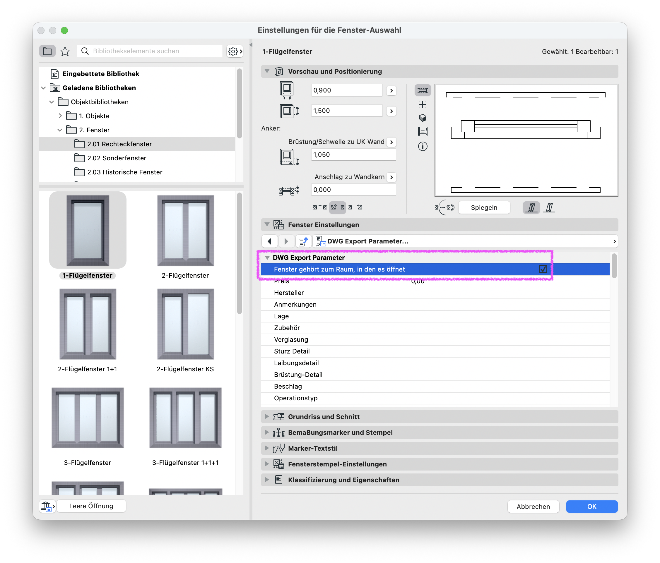 Dialog&nbsp;Einstellungen für die Fenster‑Auswahl&nbsp;mit einer gewählten Fenster aus der Bibliothek, im Reiter&nbsp;DWG Export Parameter&nbsp;ist die Option&nbsp;Fenster gehört zum Raum in den sie öffnet&nbsp;aktiviert wodurch die Fenster demjenigen Raum zugeordnet wird in dessen Richtung der Flügel aufschlägt.