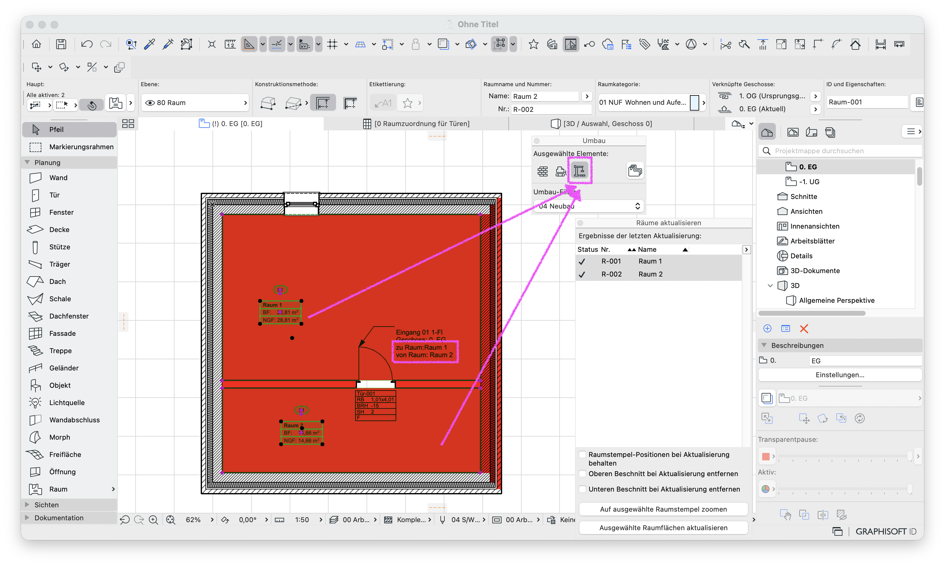 Grundrissdarstellung in Archicad mit Neubau-Räumen, Neubau-Wand und Neubau-Tür, die die Parameter zu und von Raum erkennen