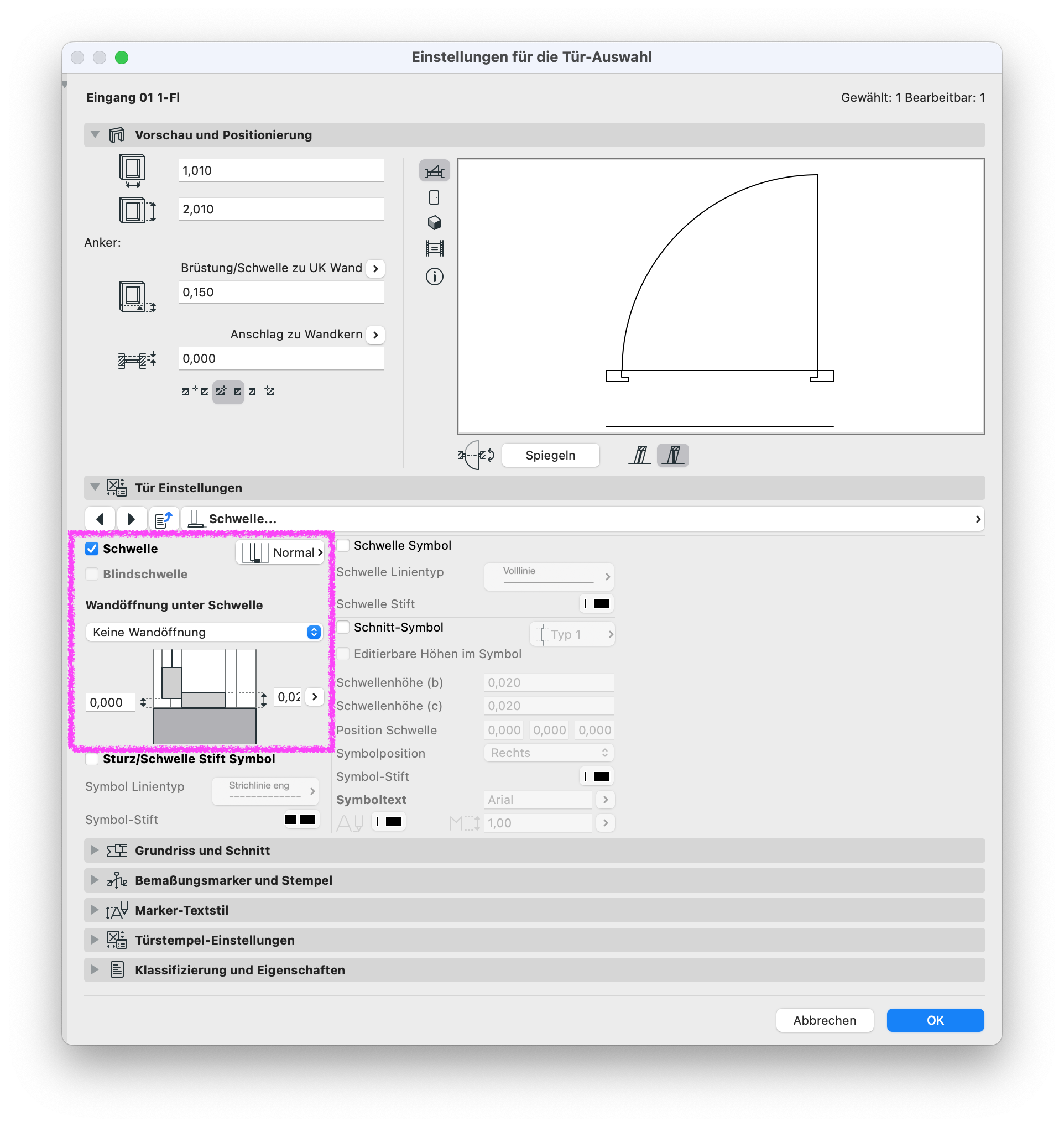 Archicad Door Settings dialog showing the Threshold (Schwelle) settings, with the threshold option enabled and the wall opening under the threshold set to “No wall opening.”