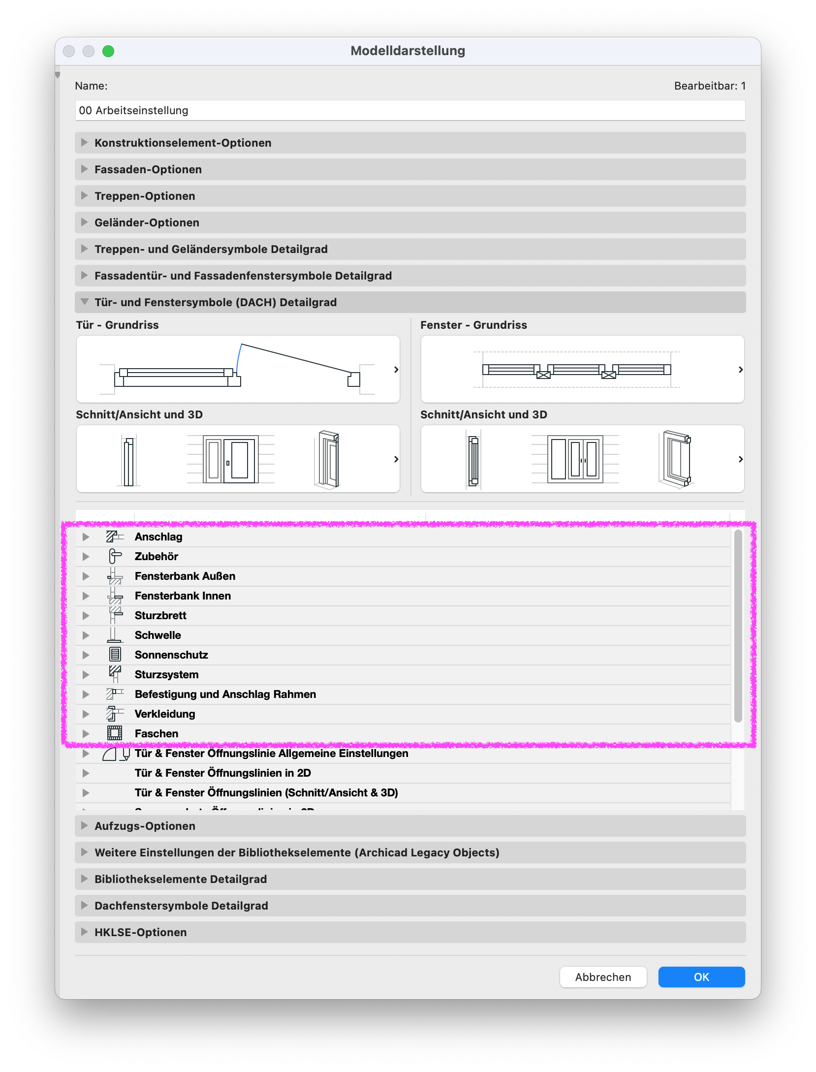 Archicad Model View Options dialog showing the detail level settings for door and window symbols (DACH) with configurable components such as threshold, accessories, window sills, lintel board, and cladding.