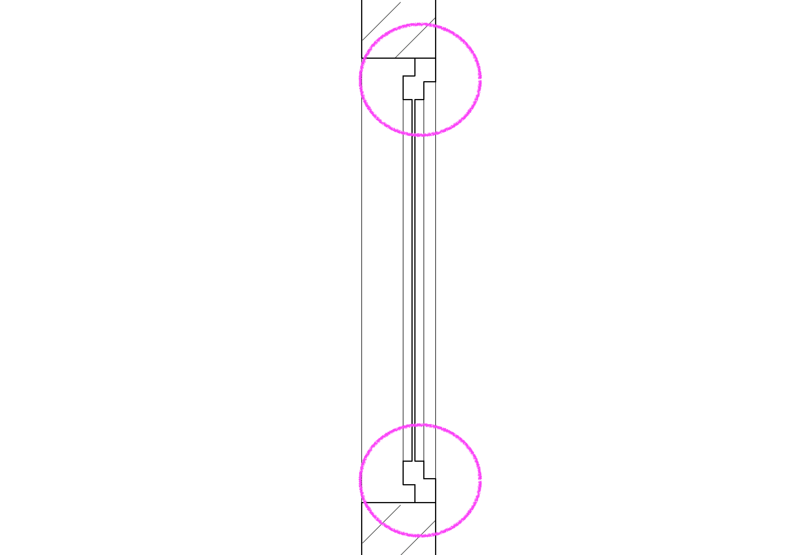 Architectural section detail showing a door element in a wall, with the lintel and threshold areas highlighted at the top and bottom of the opening.