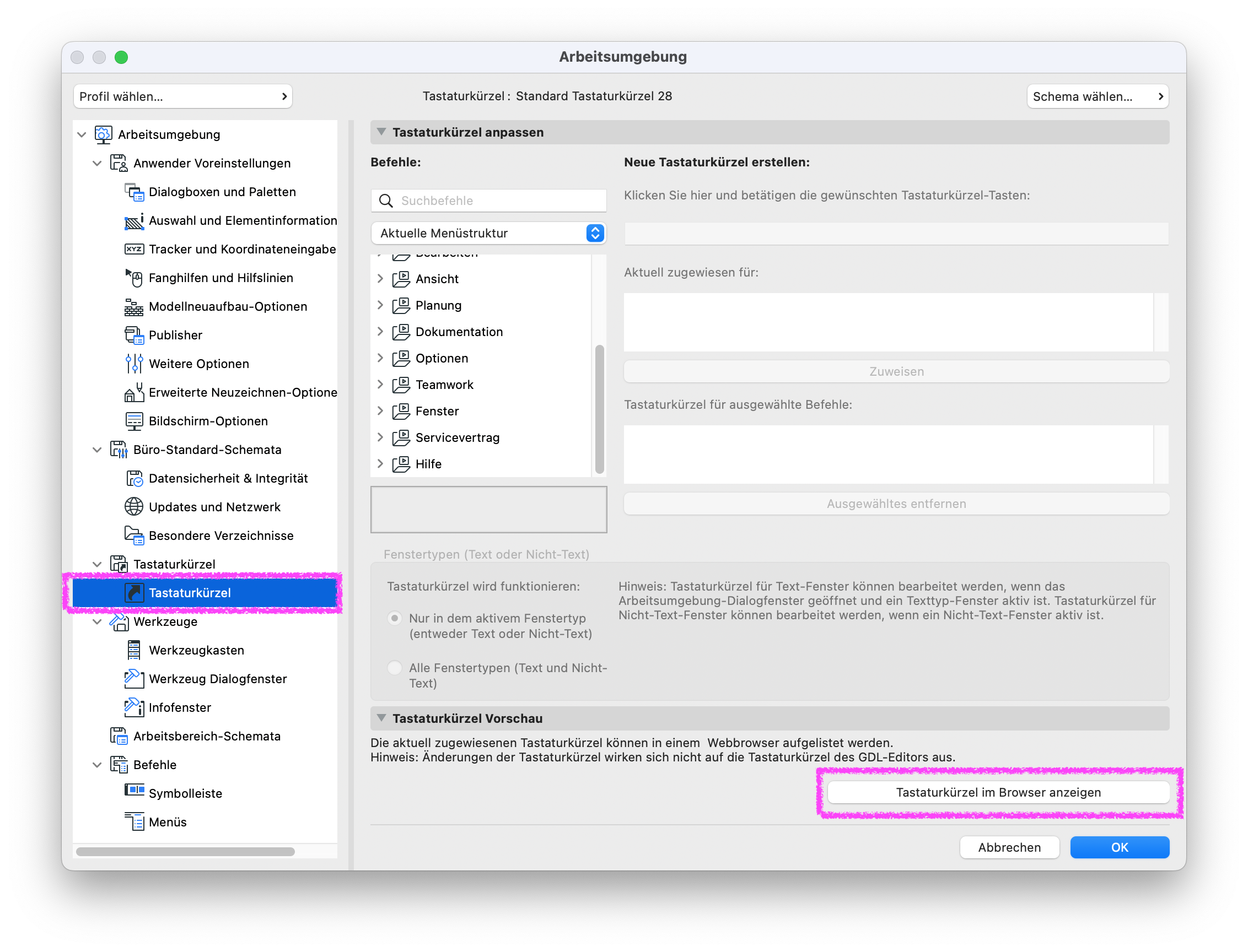Archicad Work Environment – Keyboard Shortcuts dialog showing the Keyboard Shortcuts settings and the option to display the shortcuts in a browser.