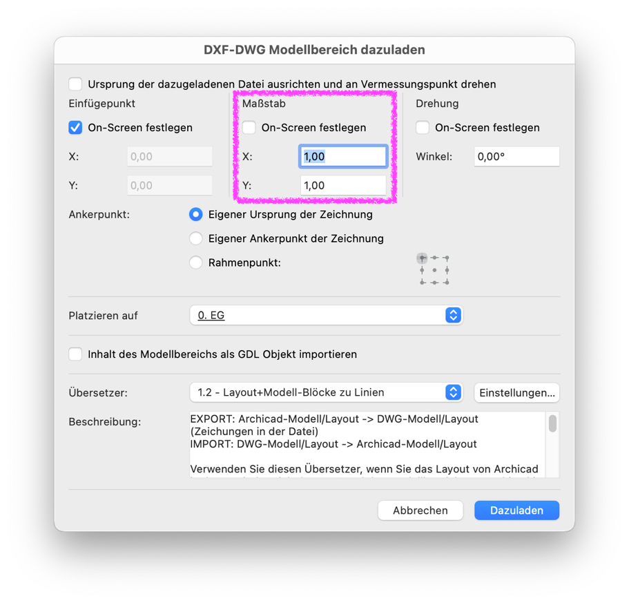 Archicad DXF/DWG Import Model Space dialog showing the scale settings, with the scale factor set to 1.00 for X and Y.