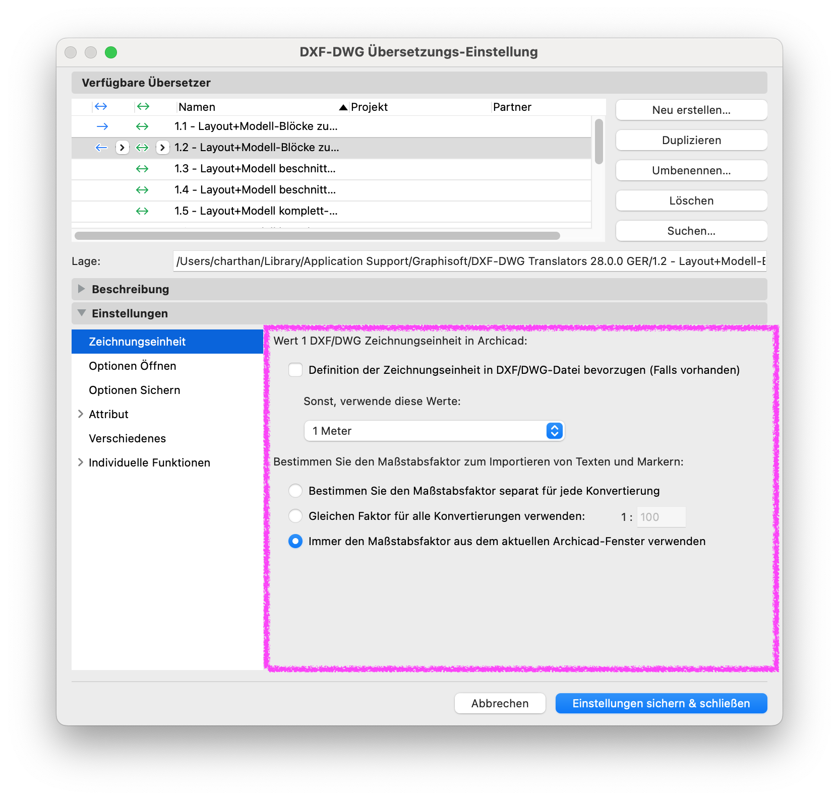 Archicad DXF/DWG Translator Settings dialog showing the Drawing Unit settings, with the DXF/DWG drawing unit set to 1 meter and the scale factor taken from the current Archicad window.