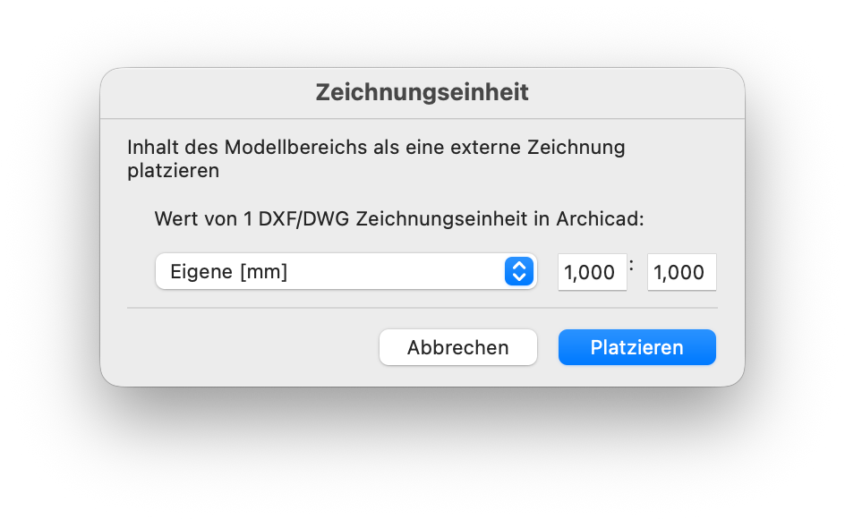 Archicad Drawing Unit dialog shown during DWG placement, with the DXF/DWG drawing unit set to Custom (mm) and a 1:1 scale factor.