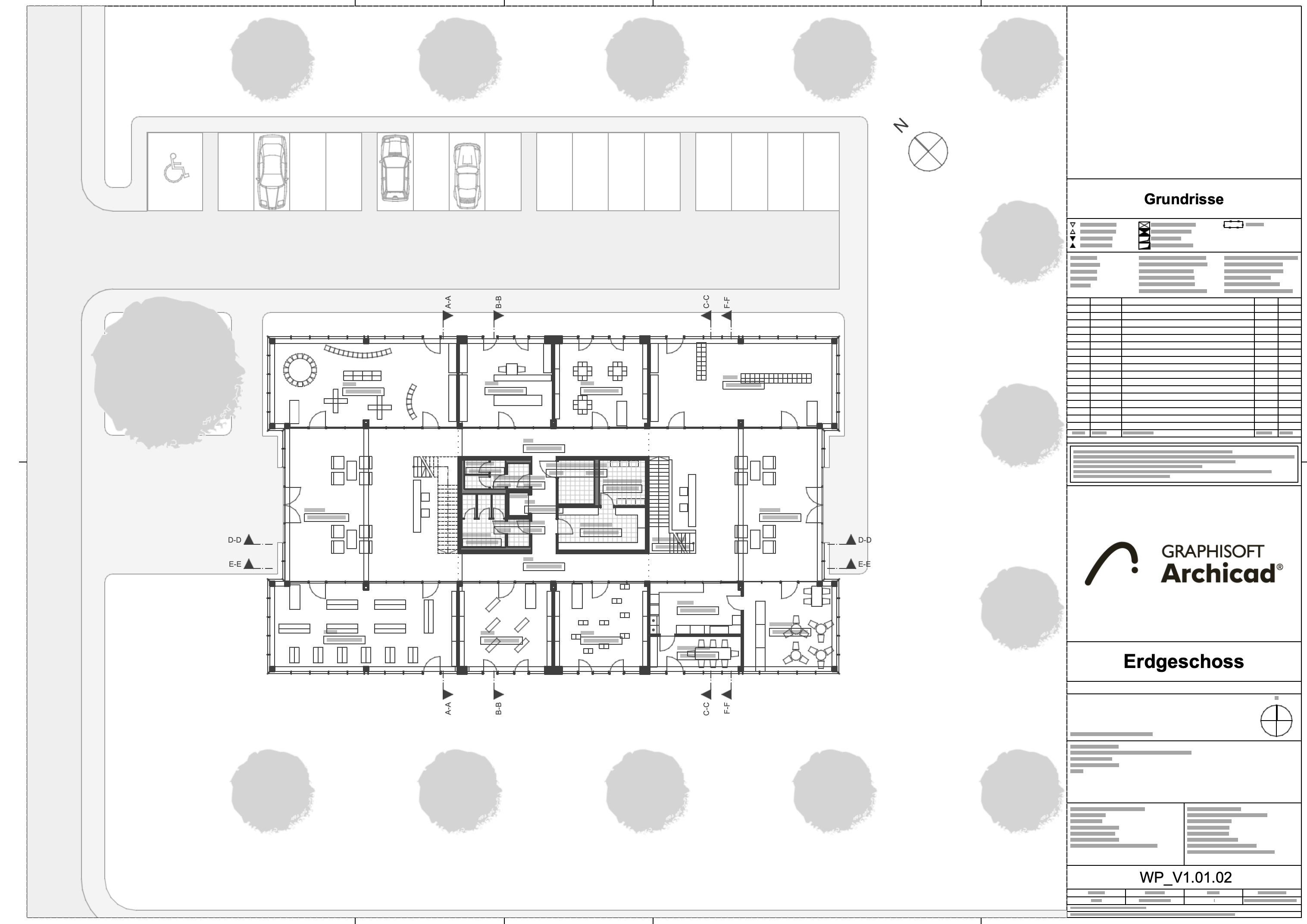 Architectural site and ground floor plan layout showing the building floor plan, parking area with cars, surrounding trees, and a layout title block labeled “Erdgeschoss.”