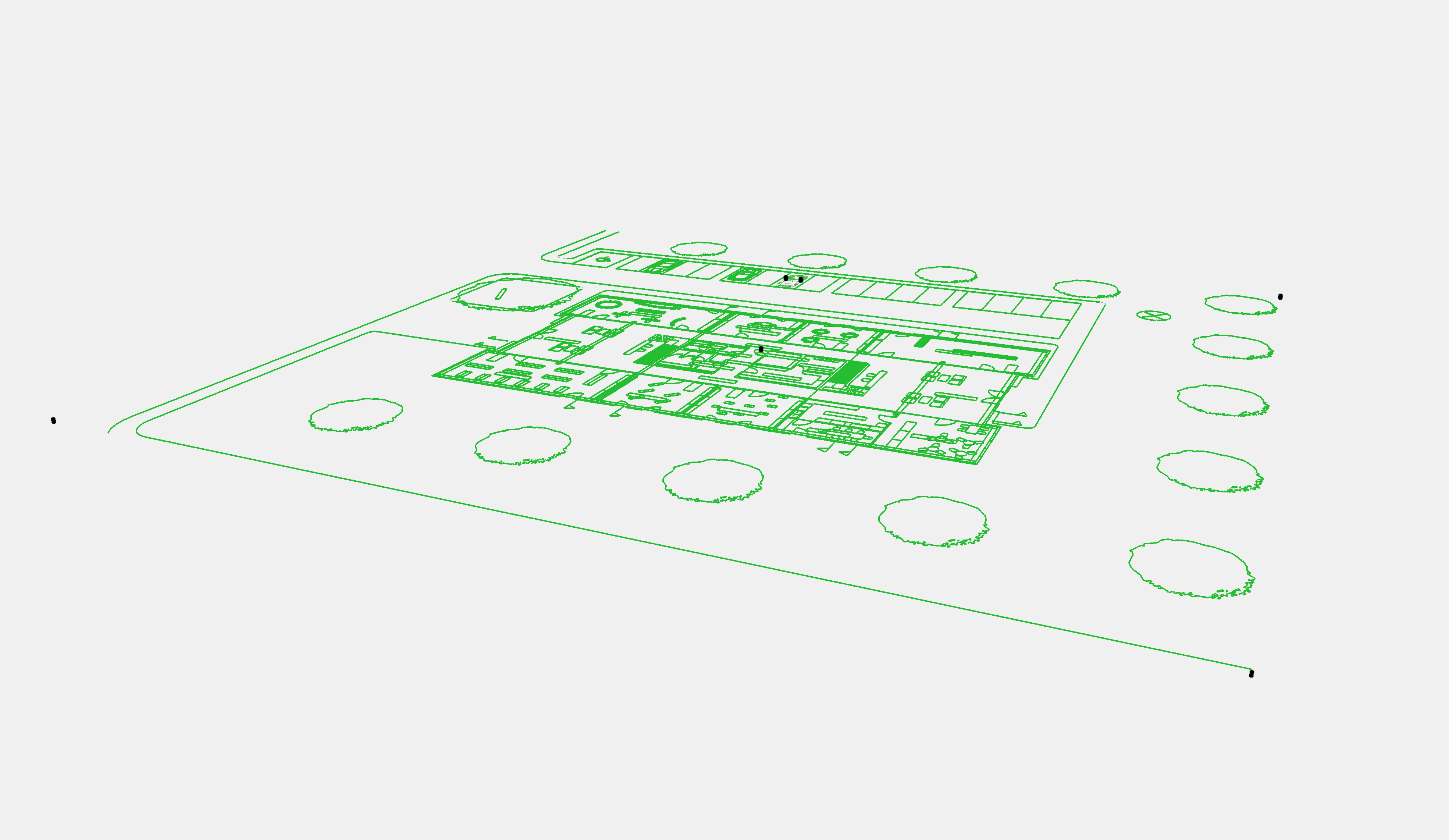 3D view showing a wireframe model of a building floor plan and site layout, including parking spaces, surrounding trees, and the site boundary.