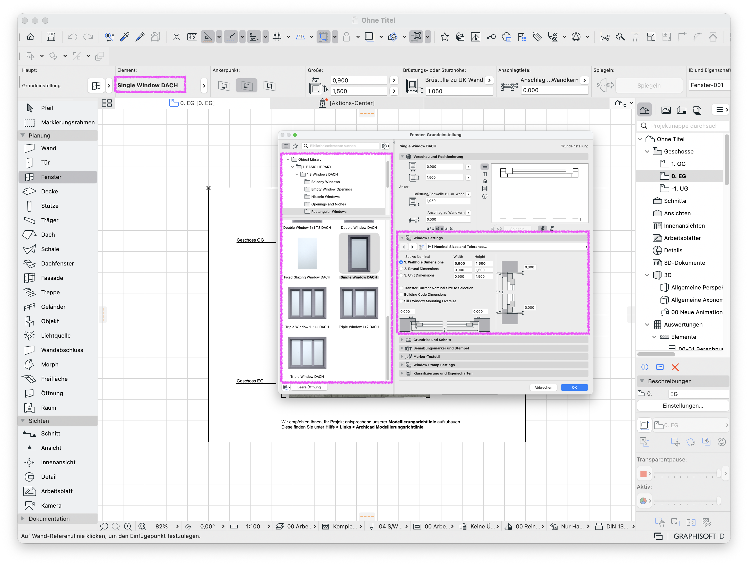 Offenes Programmfenster von Archicad mit ausgewählten Fenster-Werkzeug, bei den einige Einstellungpunkte, z. B. Bibliothekselementname auf Englisch dargestellt werden.