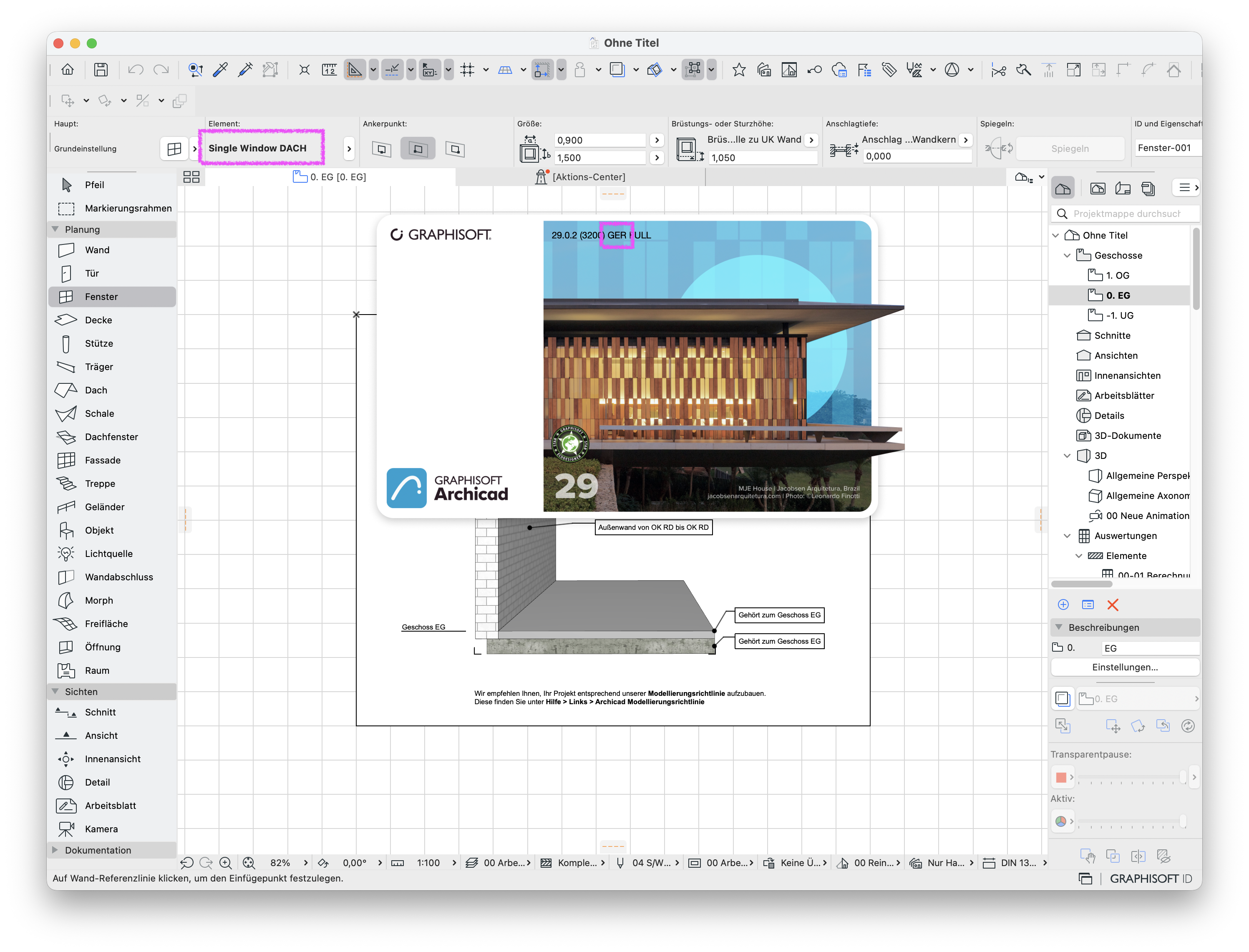 Offenes Archicad Programmfenster mit offenen Startfenster, dass die genaue installierte Version mit 29.0.2 (3200) GER FULL angibt.