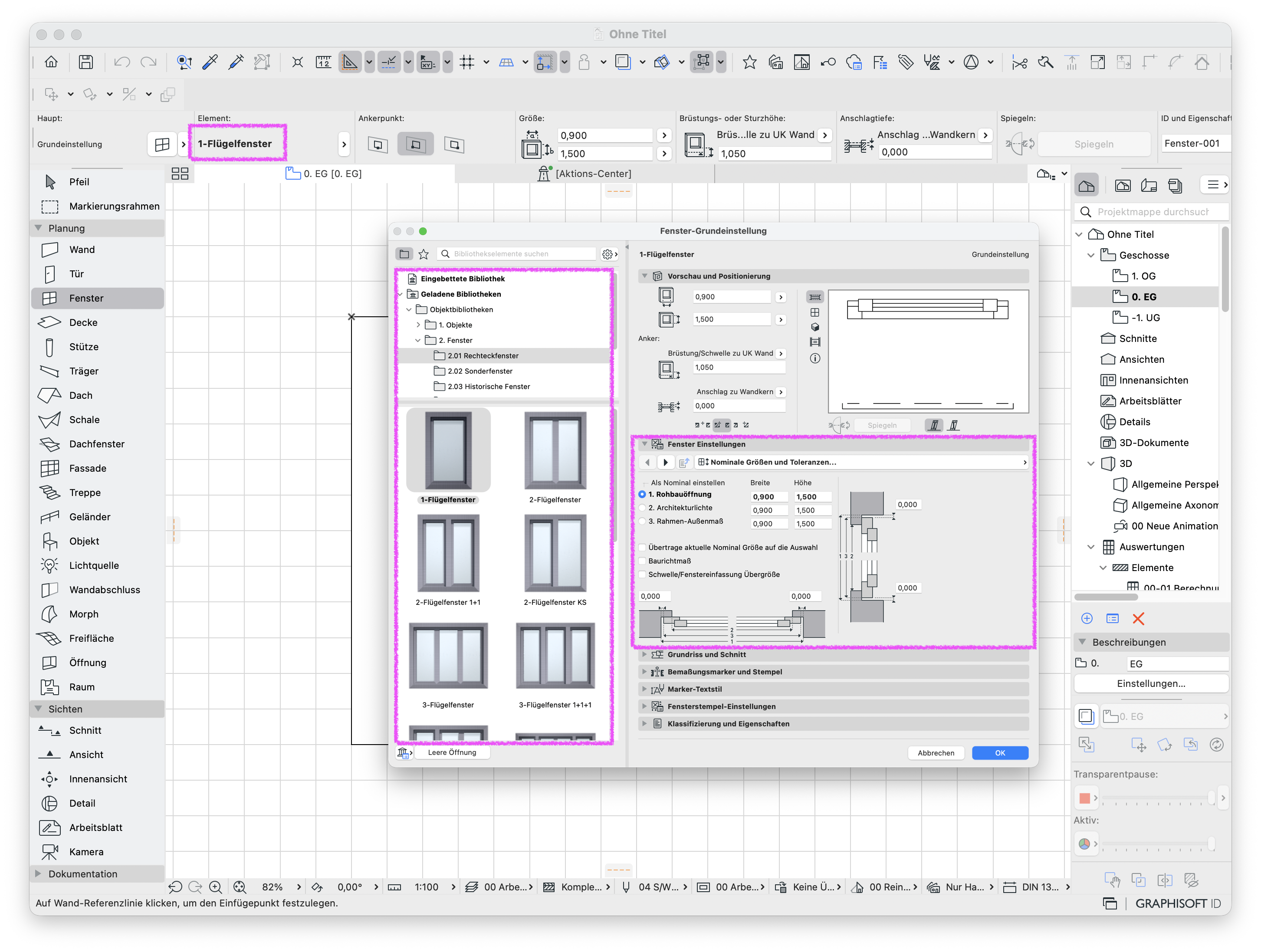 Archicad Programmfenster mit ausgewählten Fenster-Werkzeug, dass nach der Anpassung der Präferenzen der Bibliotheks-Lokalisierung alle Einstellungsdialoge wieder auf deutsch darstellt.
