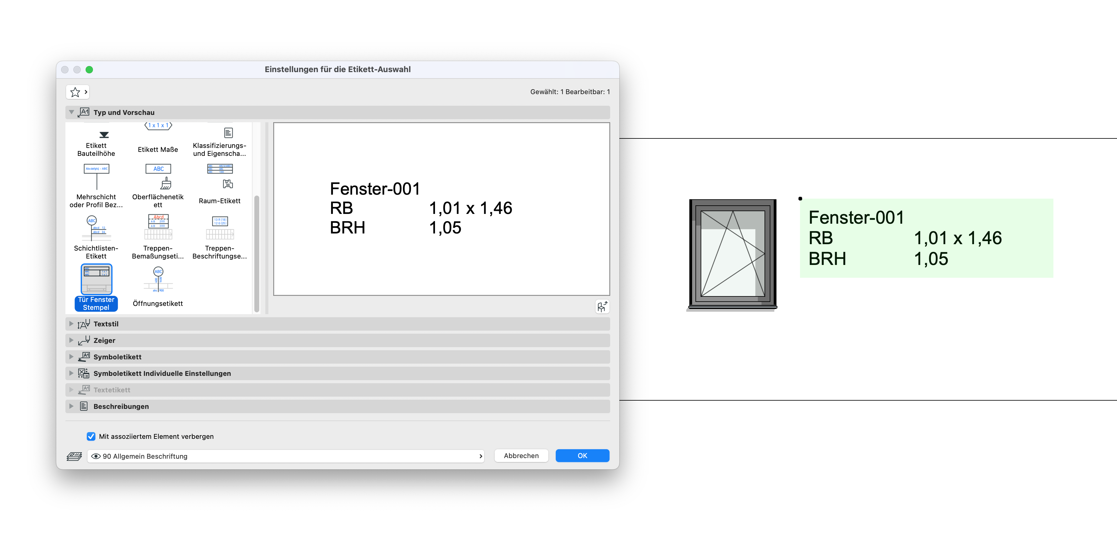 Archicad Label Settings dialog showing the Door/Window Stamp label, with a preview displaying window ID, rough opening size, and sill height.