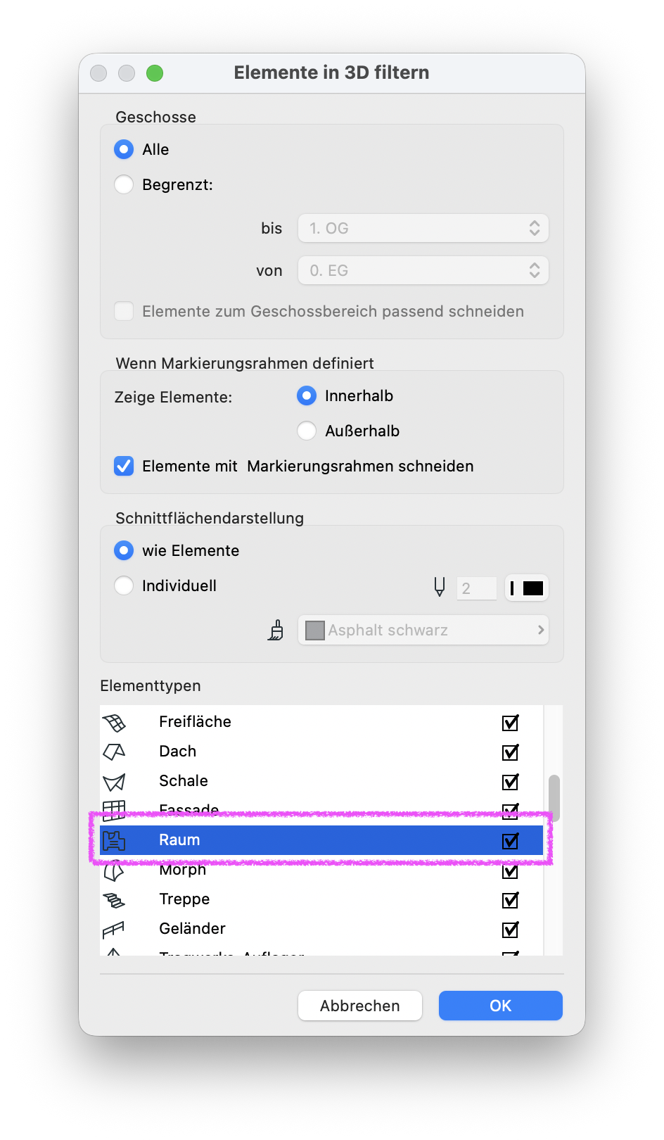 Einstellungsdialog 'Elemente in 3D filtern', bei dem unter Elementtypen der Raum aktiv ist.