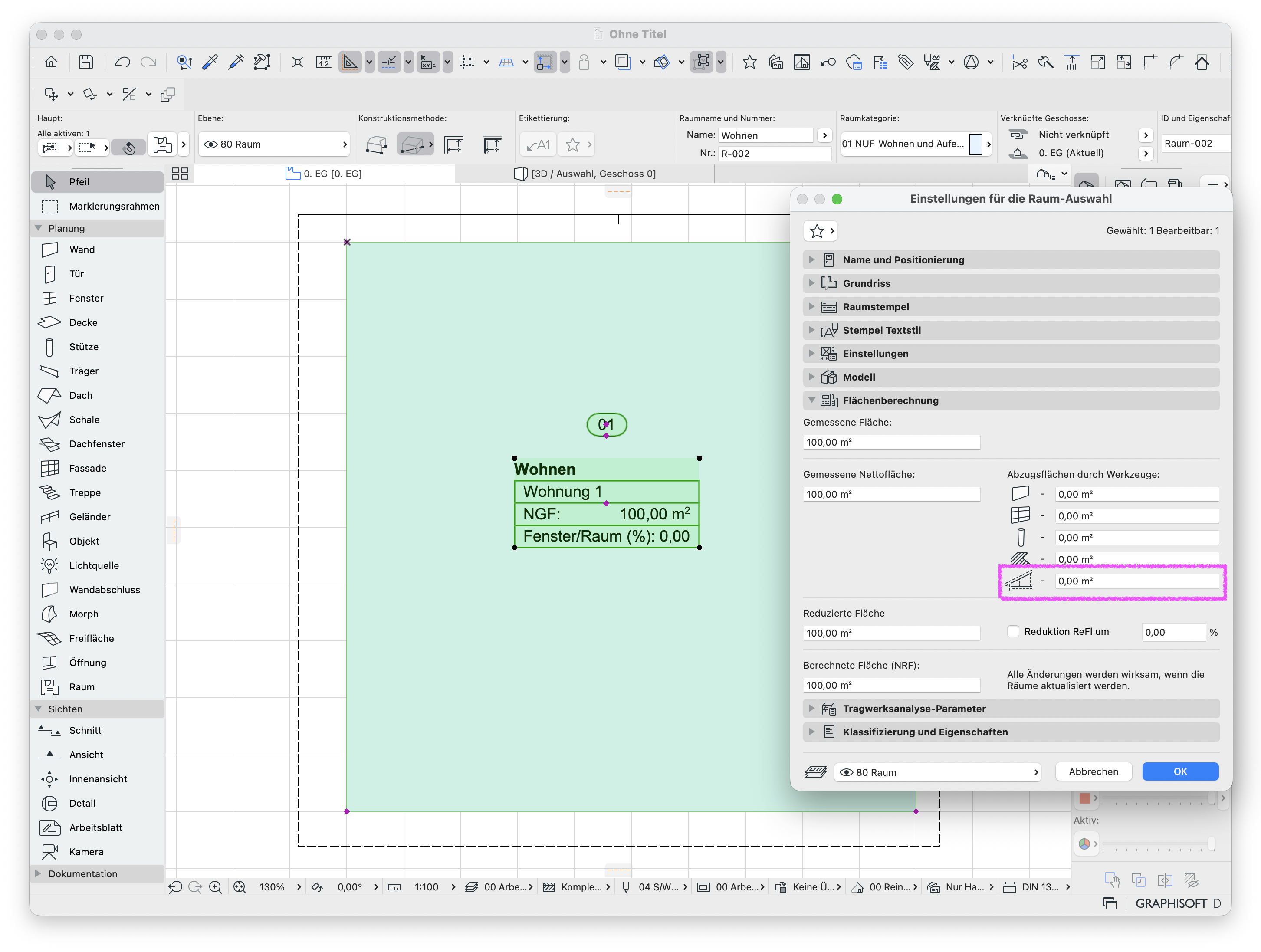 Programmfenster von Archicad im Grundriss mit selektierten Raum und offenen Raum-Einstellungen, bei denen im Reiter 'Flächenberechnung' für die Abzugsfläche der Dachfläche 0 Quadratmeter angegeben wird.