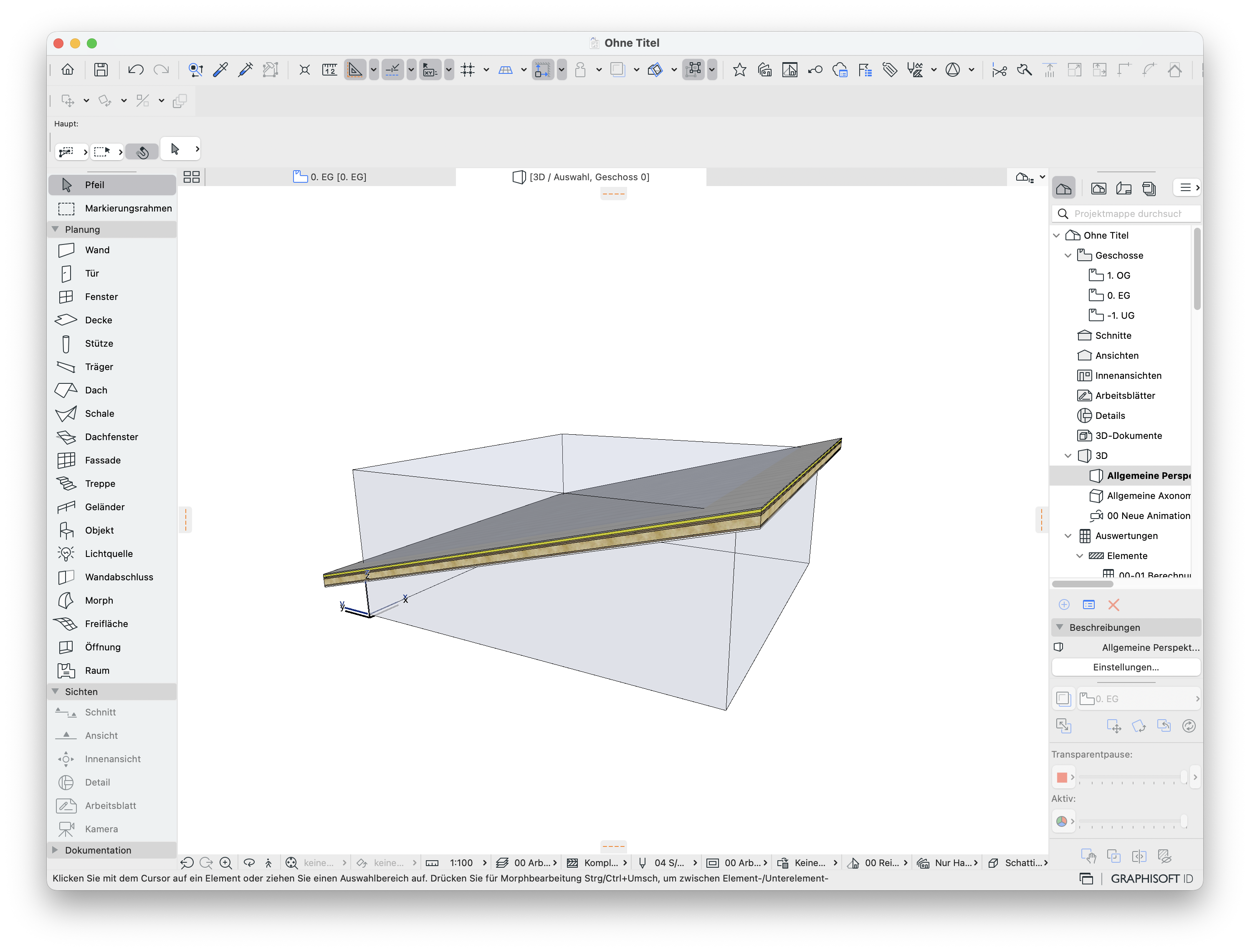 3D-Modell mit nicht verschnittenen Raum und Dachfläche.