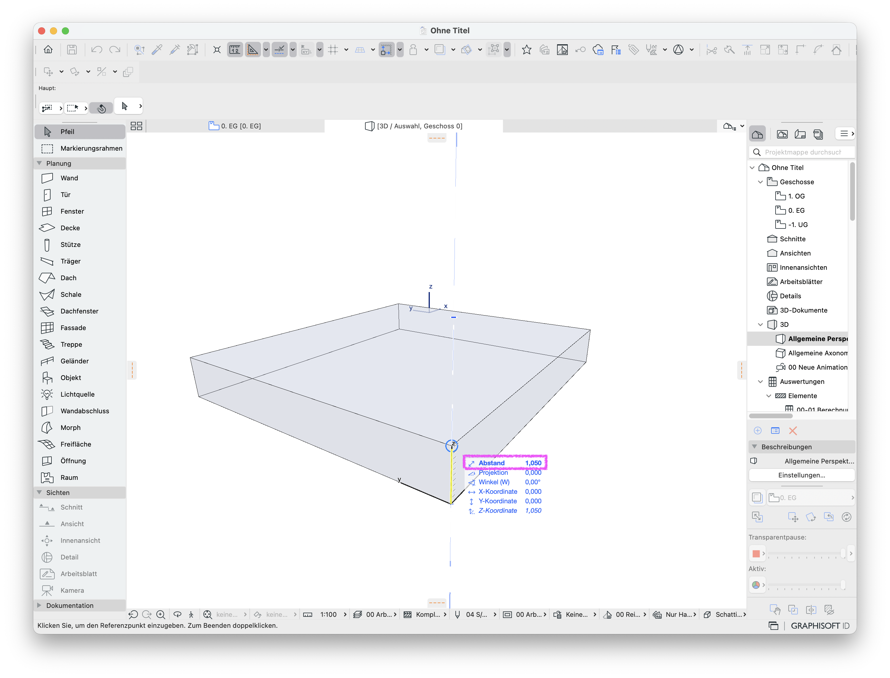 3D-Darstellung eines Raum, der niedriger als 2 m ist.