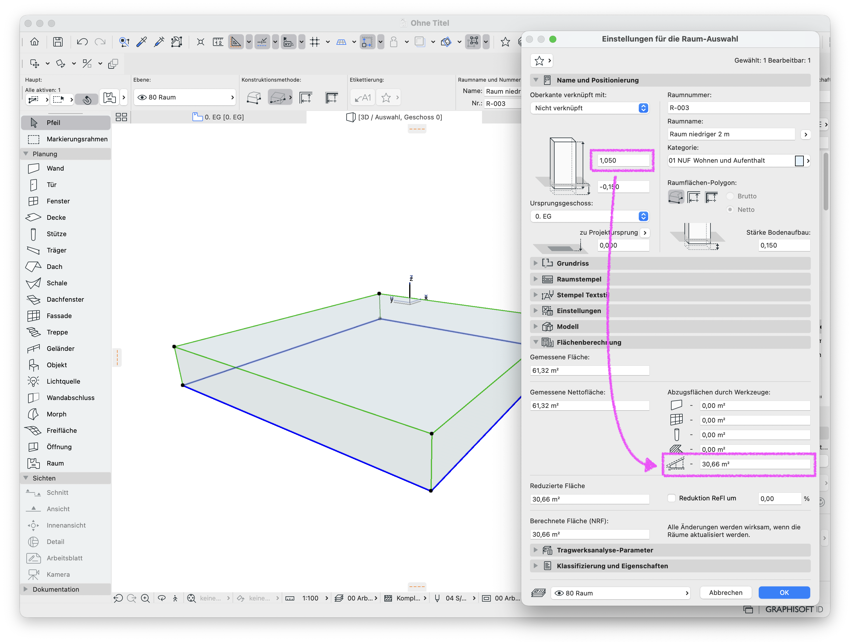 3D-Darstellung eines Raum, mit Höhe niedirger als 2 m und ohne Dachschräge mit Abzugsfläche für die Dachschräge.