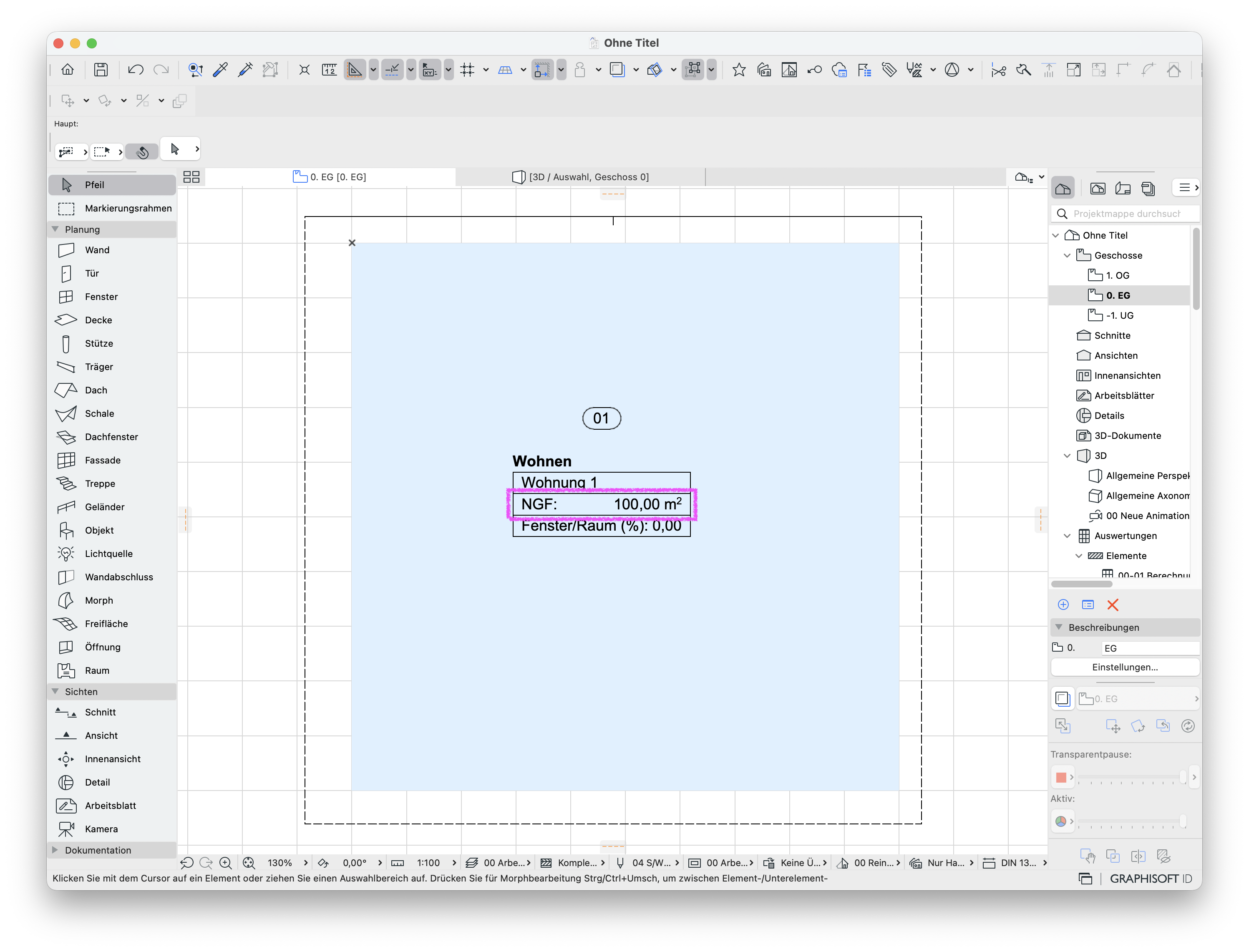 Programmfenster von Archicad mit offnen Grundriss mit einen platzierten Raum, mit zugroßer NGF-Fläche trotz der vorhanden Dachfläche.