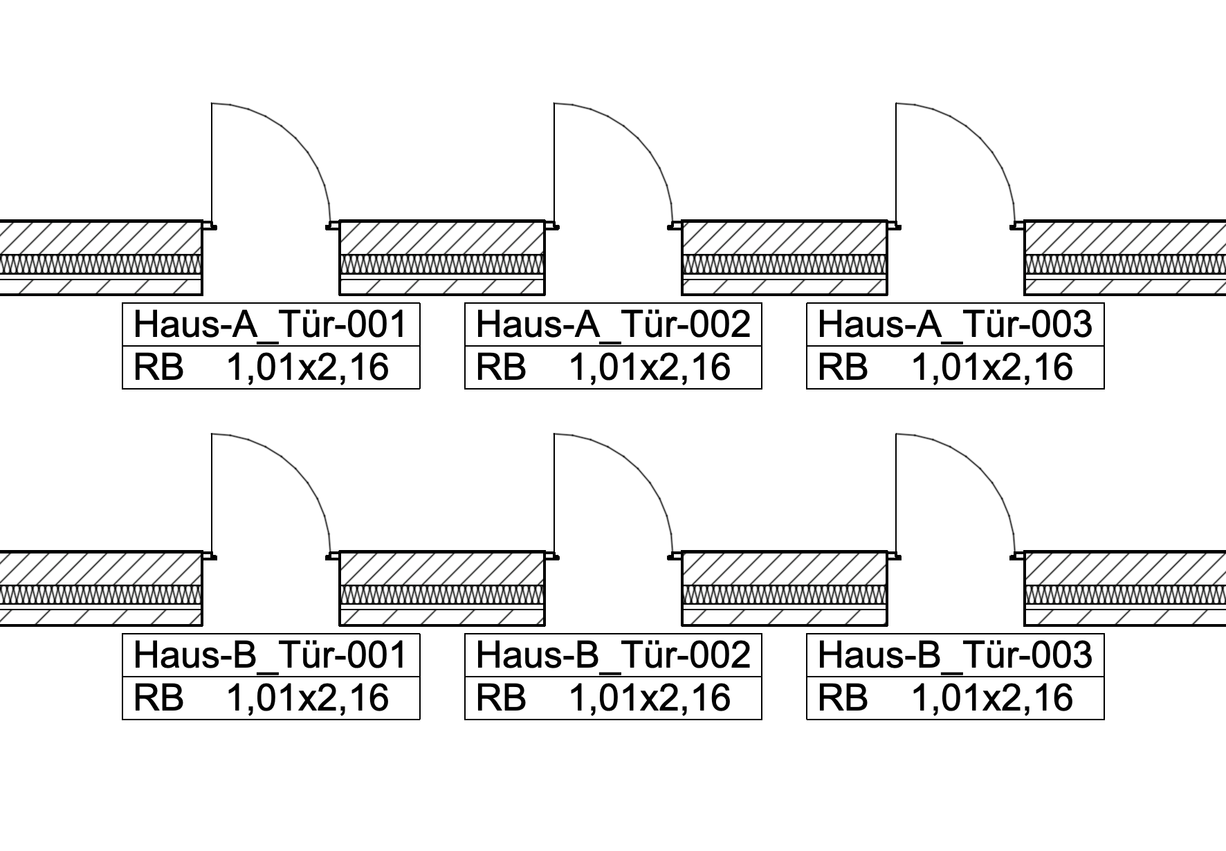Floor plan detail showing door elements with door stamps, including door IDs with prefixes (e.g., Haus-A_Tür-001 and Haus-B_Tür-001) and the rough opening size RB 1.01 × 2.16.