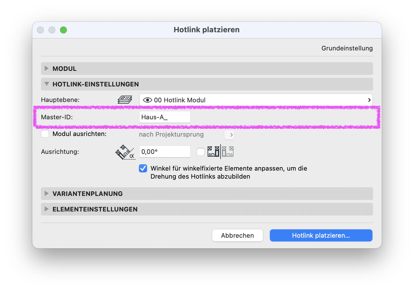 Archicad Place Hotlink dialog showing the Hotlink Settings, with the Master ID field set to “Haus-A_.”