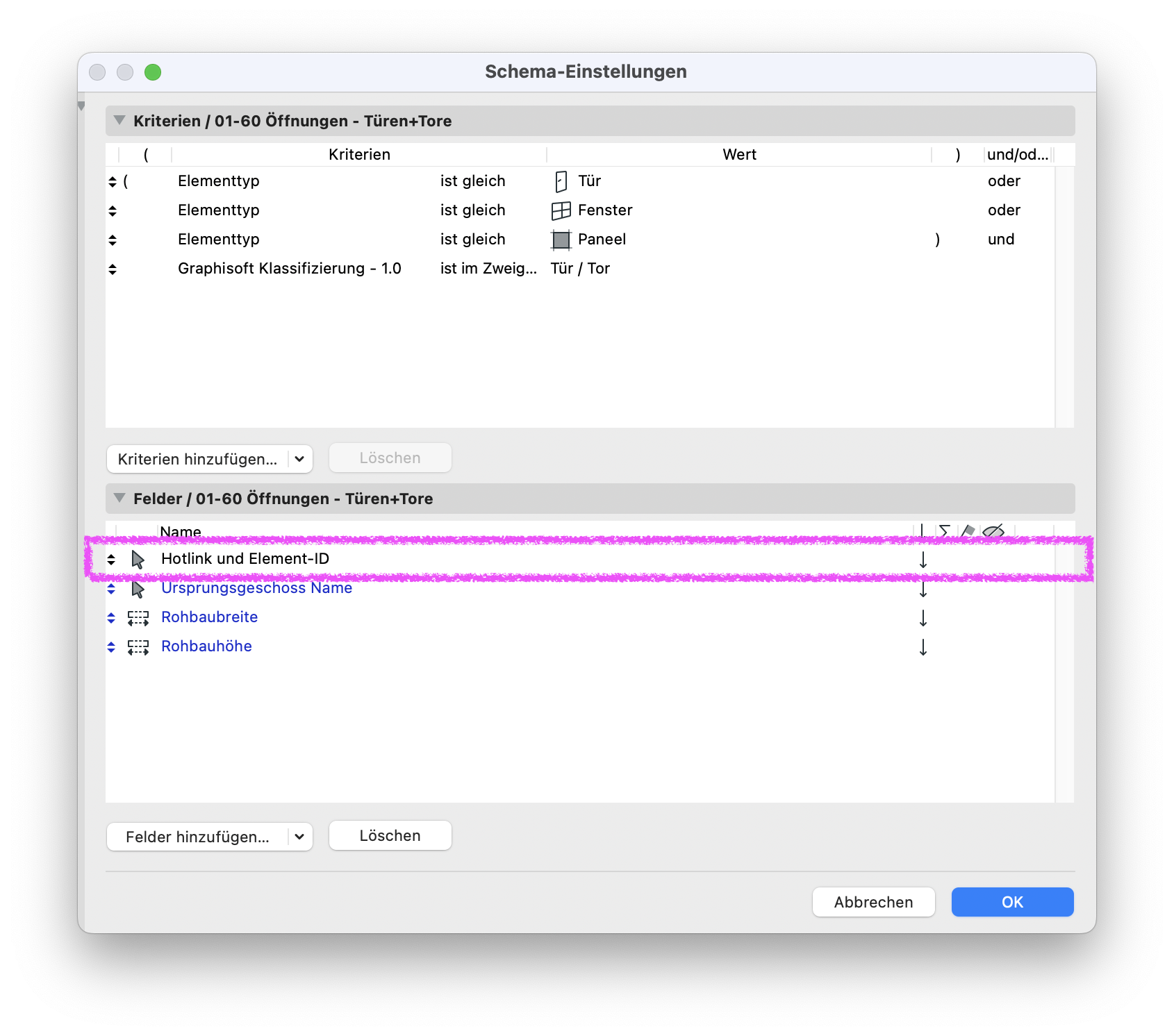 Archicad Scheme Settings dialog showing the fields of a door and gate schedule, with the field “Hotlink and Element ID” included in the schedule.