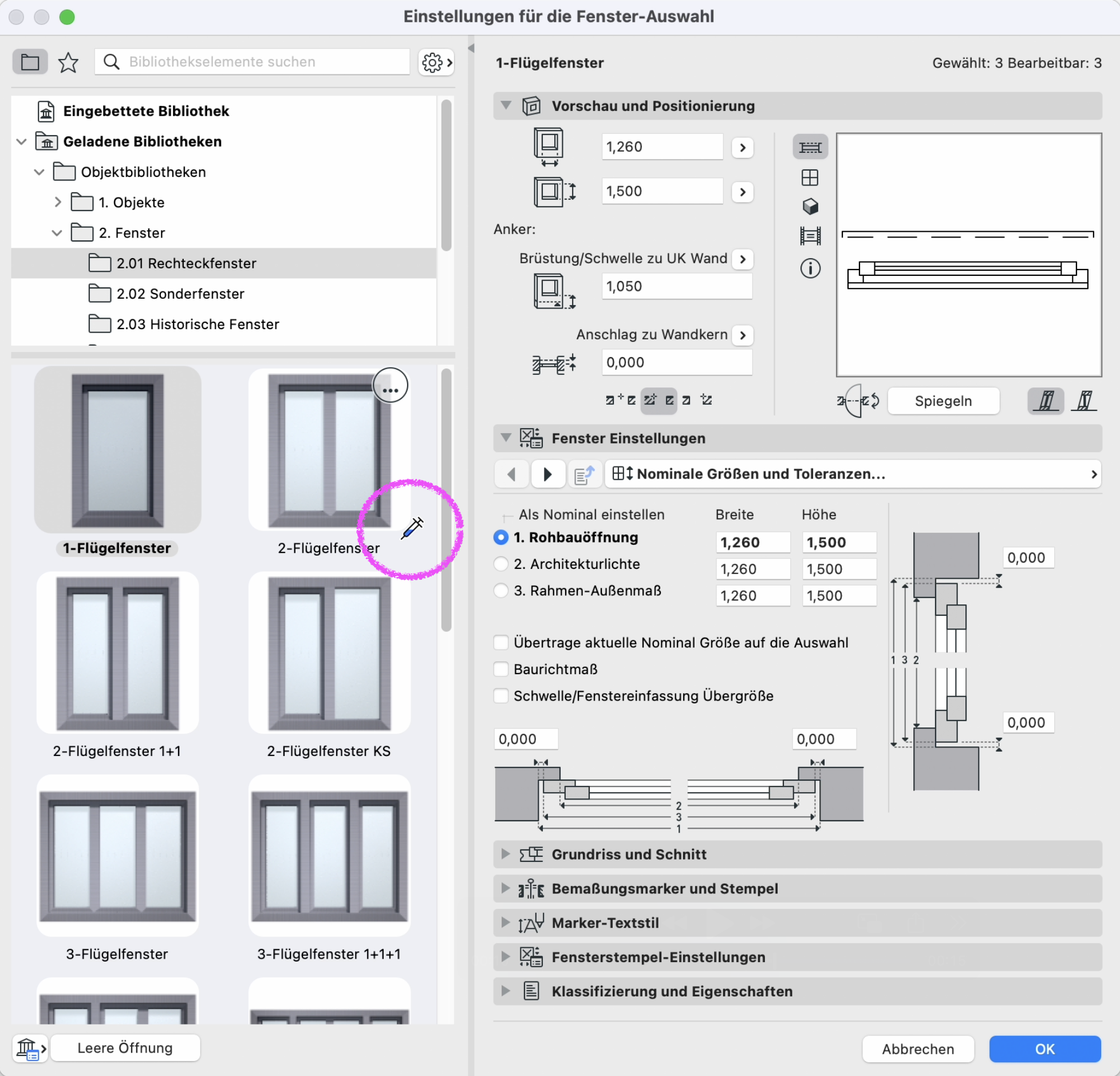 Archicad Fenster-Einstellungen dialog showing the selection of the library object “1-Flügelfenster,” with nominal dimensions set for the rough opening (1,260 × 1,500) and multiple window types visible in the library browser.