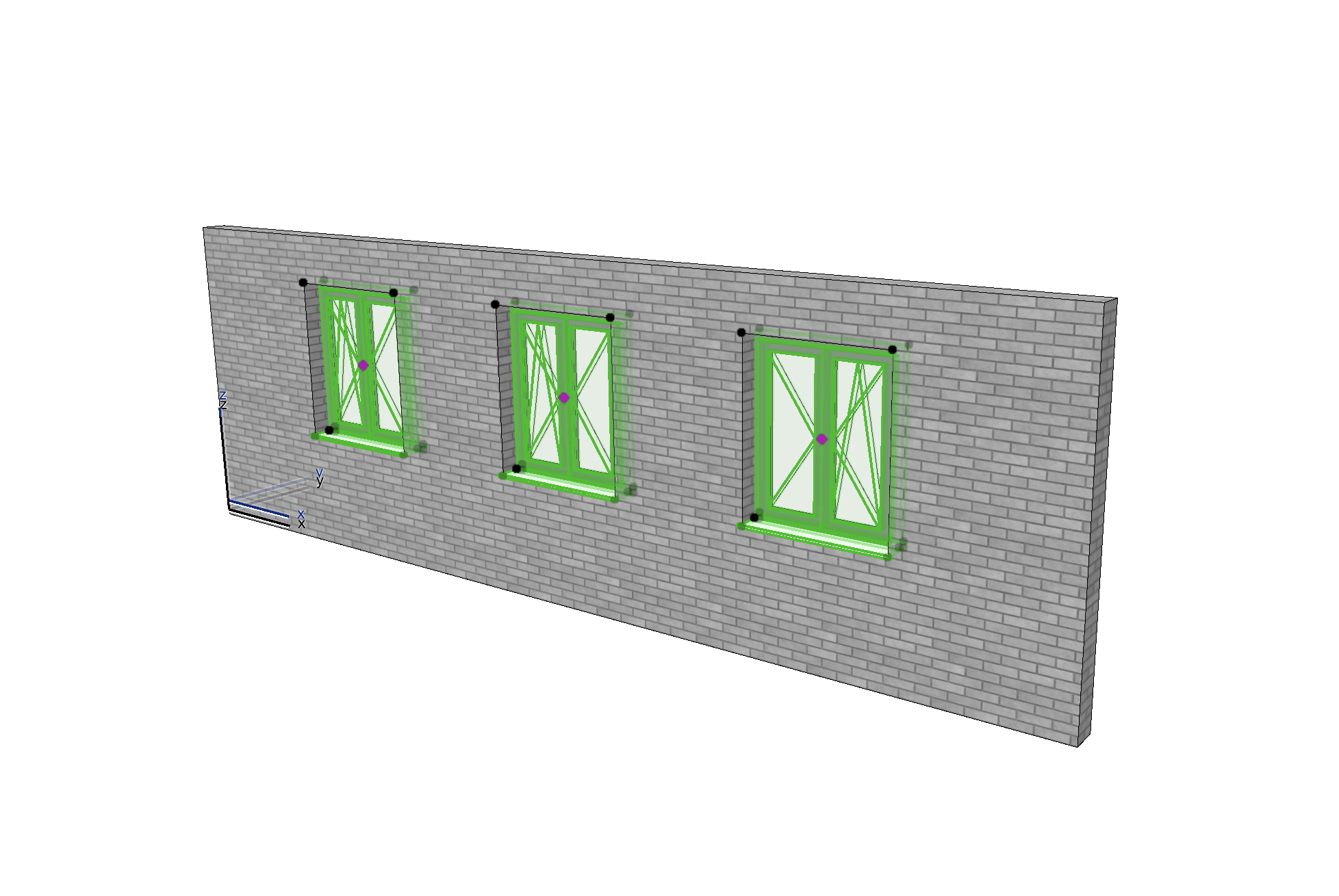 Archicad 3D view of a wall with three selected window elements, highlighted in green with their editing handles visible.