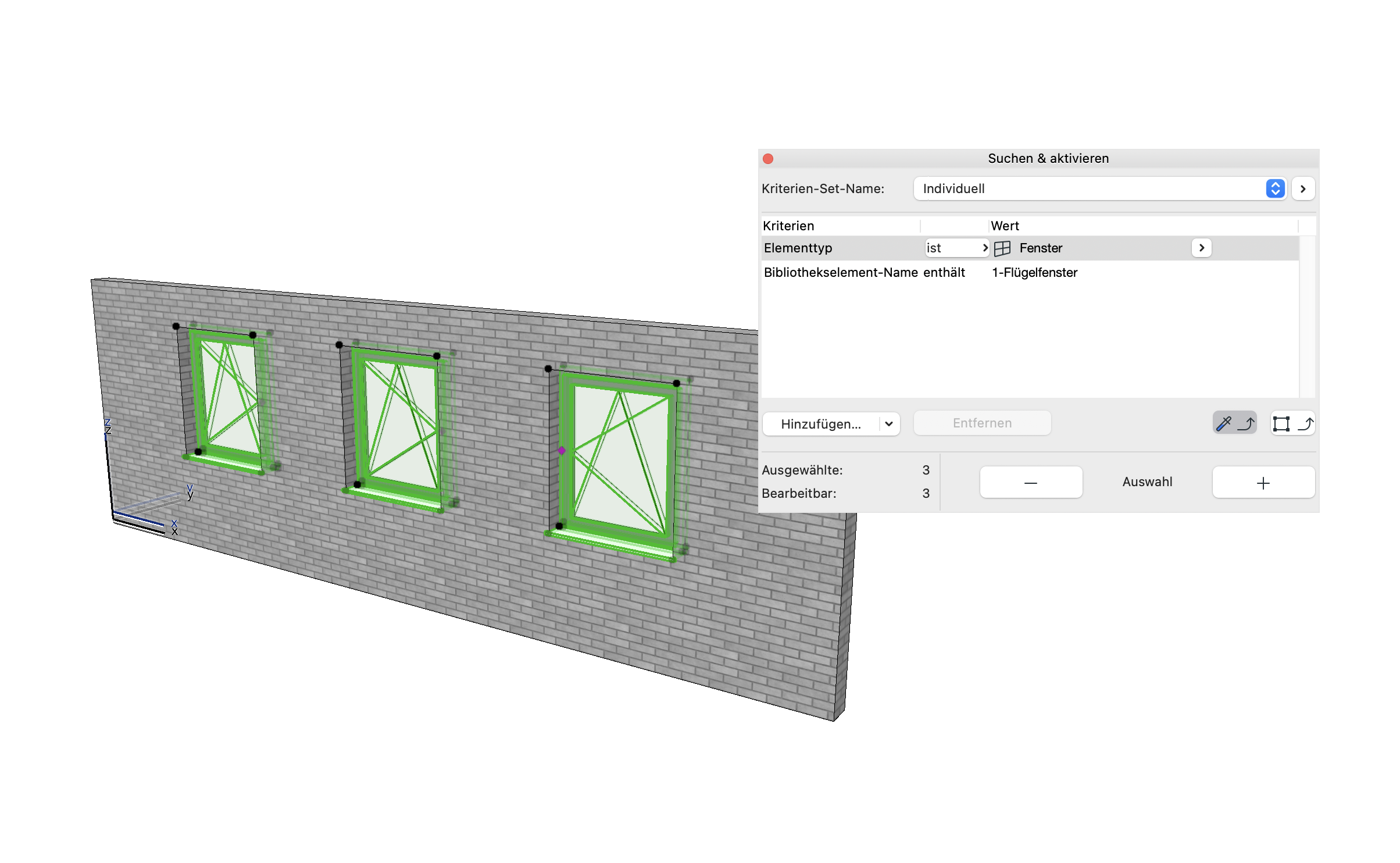  3D-Ansicht einer Ziegelwand in Archicad mit drei identischen, grün markierten Fenstern, daneben der Dialog „Suchen & aktivieren“ mit Kriterien „Elementtyp ist Fenster“ und „Bibliothekselement-Name enthält 1-Flügelfenster“, der zeigt, dass alle drei Fenster ausgewählt und bearbeitbar sind.