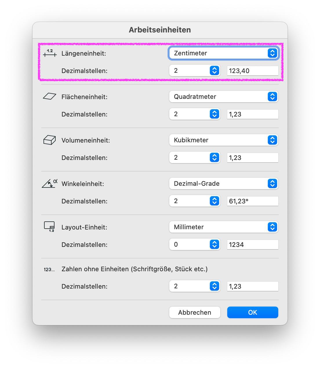 Längeneinheit für Arbeitseinheiten in Zentimeter statt Metern angegeben.