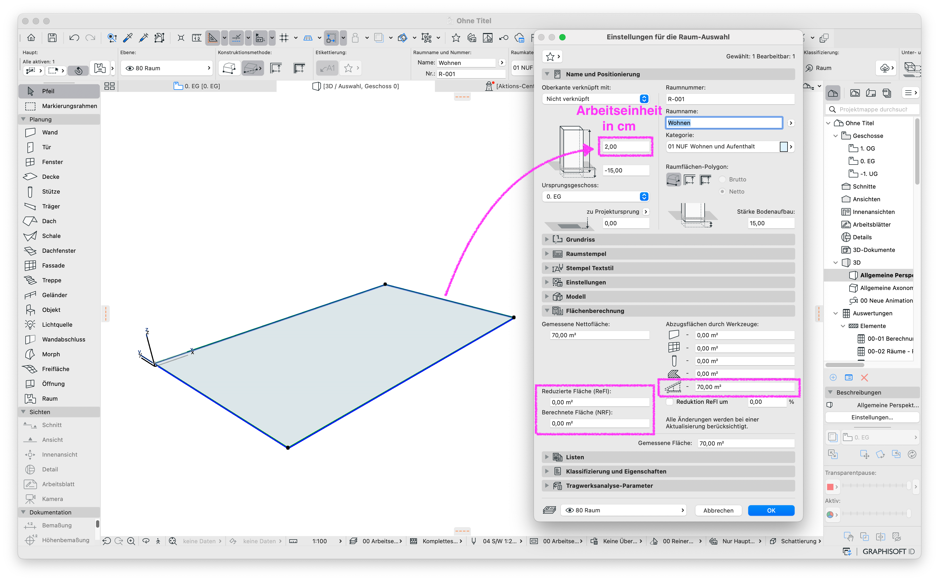 Raum wirk als hätte er eine passende Höhe in den Einstellungen, während das 3D deutlich zeigt, dass dieser keine 2 m, sondern 2 cm hoch ist.