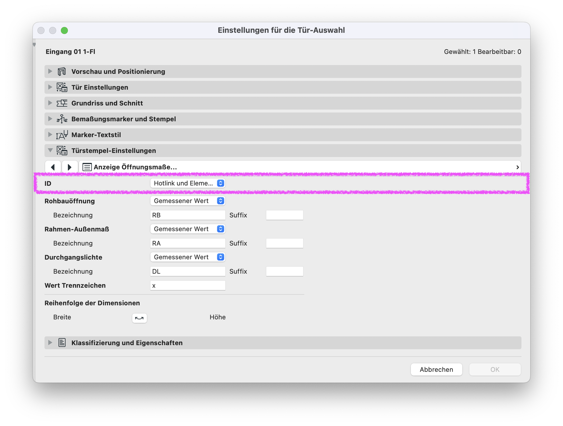 Archicad Door Settings dialog showing the Opening Dimension Display settings, with the ID option set to “Hotlink and Element.”