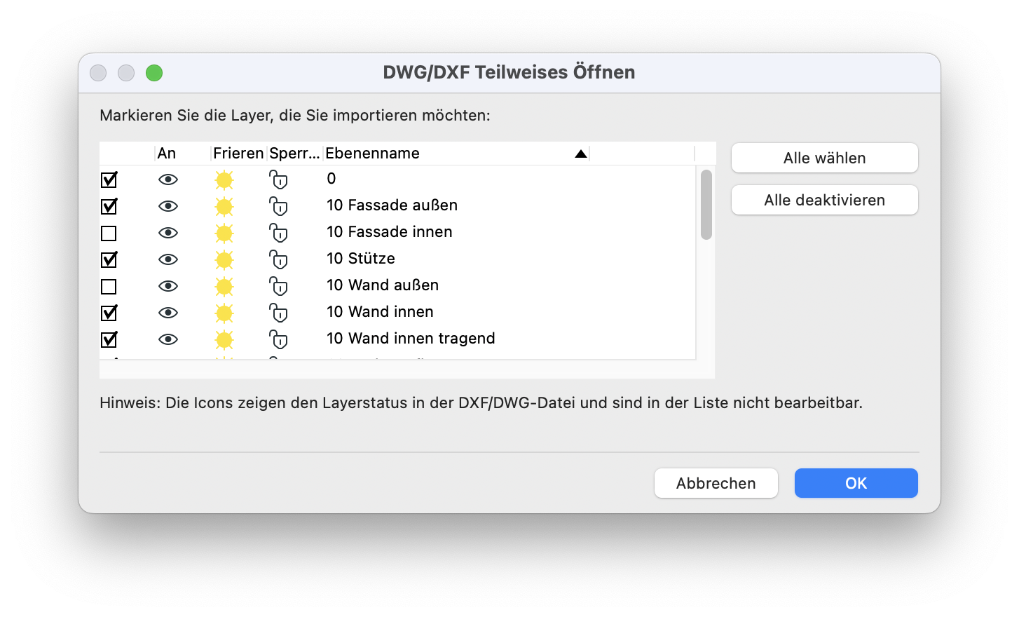 Archicad dialog “DWG/DXF Teilweises Öffnen” showing a list of layers from a DWG/DXF file where specific layers can be selected for import, including facade, wall, and column layers.