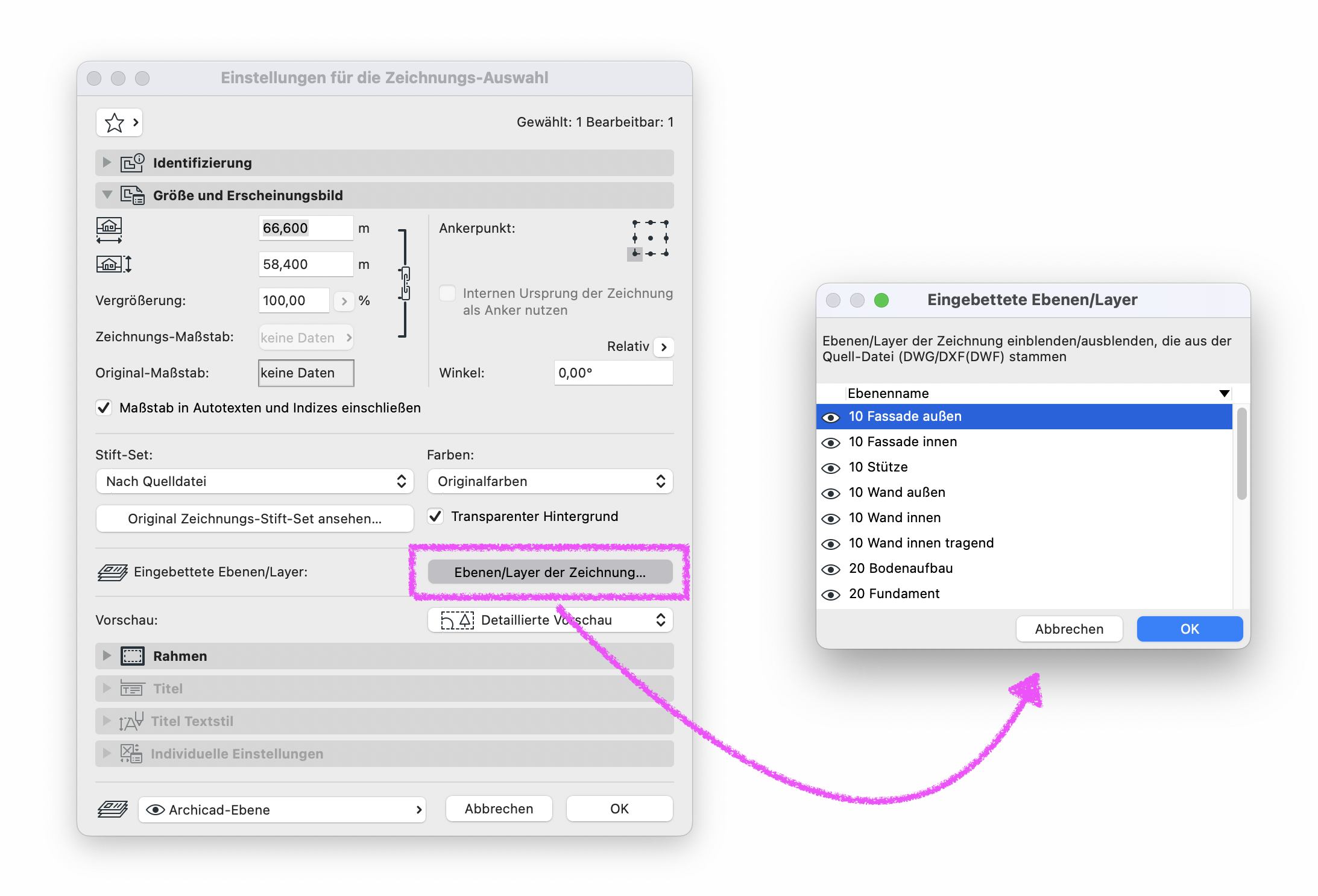 Archicad drawing settings dialog showing options for size, appearance, and layer control of an imported DWG/DXF drawing, with the button “Ebenen/Layer der Zeichnung…” opening a window to manage embedded source layers such as facade, walls, columns, and foundation.
