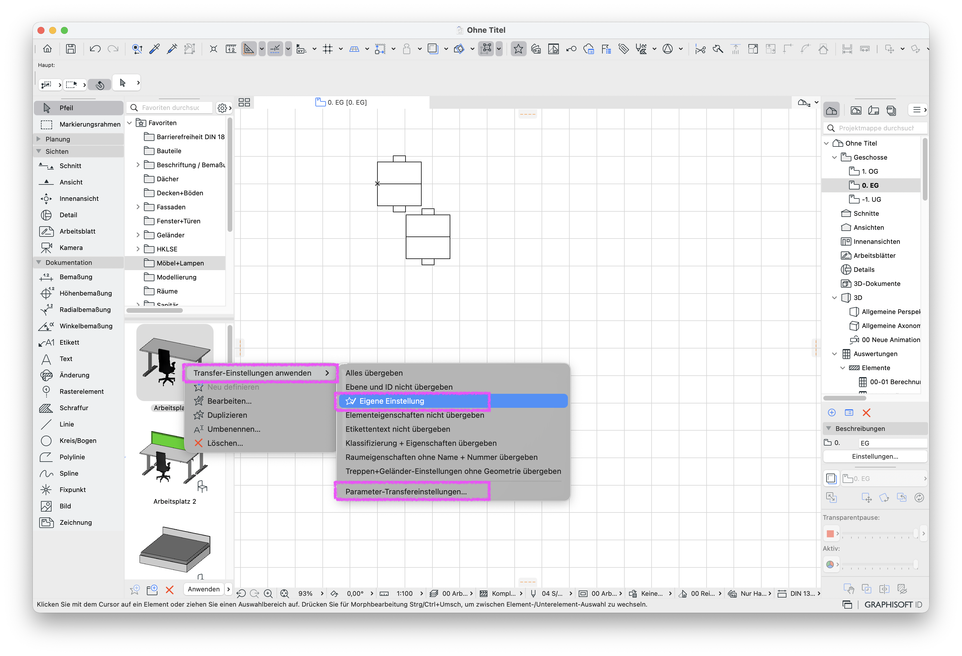 Offenes Archicad Programmfenster mit aktivier Favoriten-Palette und geöffneten Kontextmenü der Parameter-Transfereinstellungen.