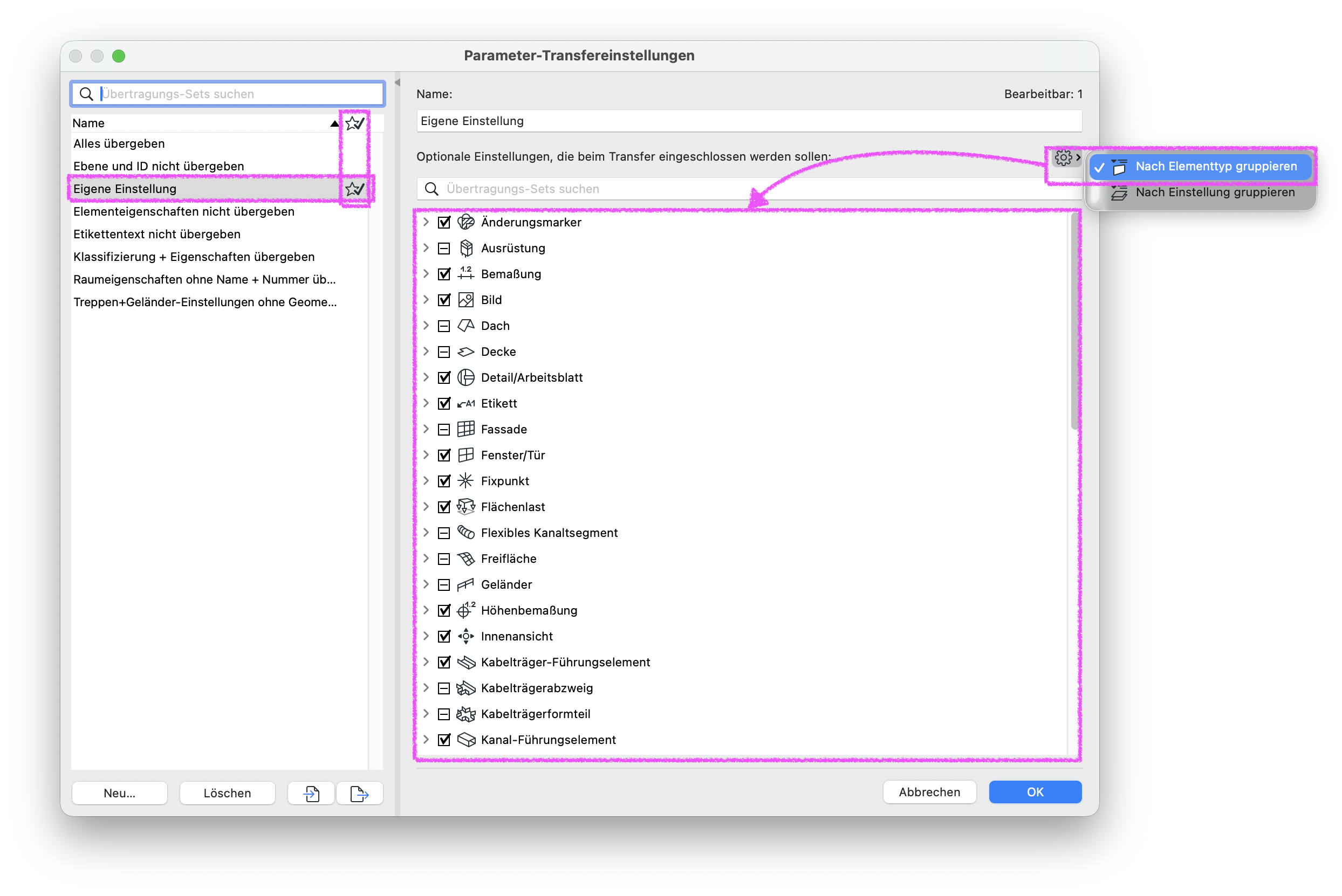 Einstellungsdialog der Parameter-Transfereinstellungen nach Elementtyp gruppiert.