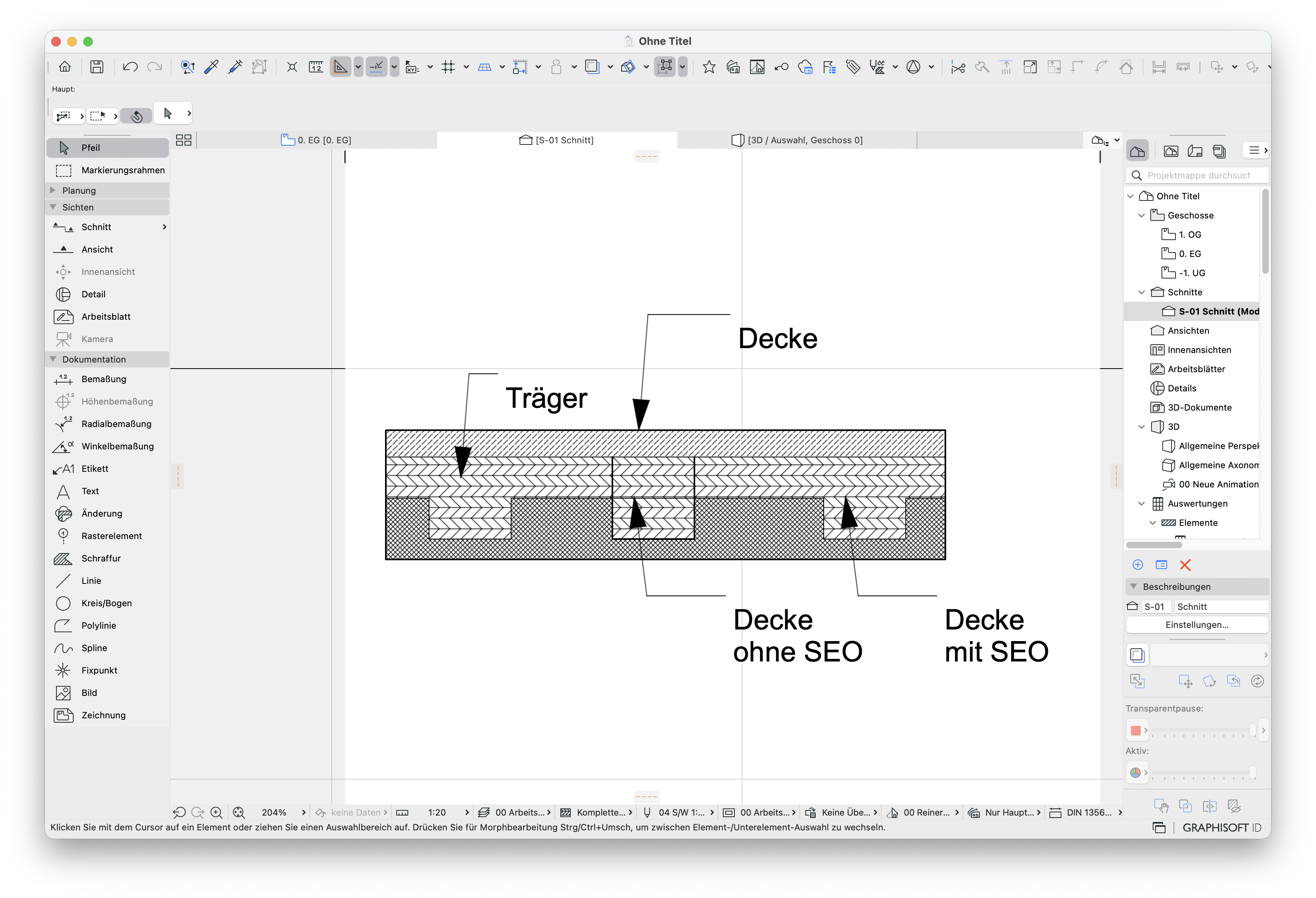 Schnittdarstellung einer mehrschichtigen&nbsp;Decke&nbsp;mit darunterliegenden&nbsp;Trägern, links ist ein Träger mit Träger-Werkzeug modelliert und automatischer Verschneidung zu sehen während in der Mitte die&nbsp;Decke ohne SEO&nbsp;den Träger mit Decken-Werkzeug modelliert vollständig überlagert und rechts die&nbsp;Decke mit SEO&nbsp;den Träger mit Dach-Werkzeug und angewandten Solid‑Element‑Operation korrekt ausspart wodurch sein Profil sichtbar bleibt.