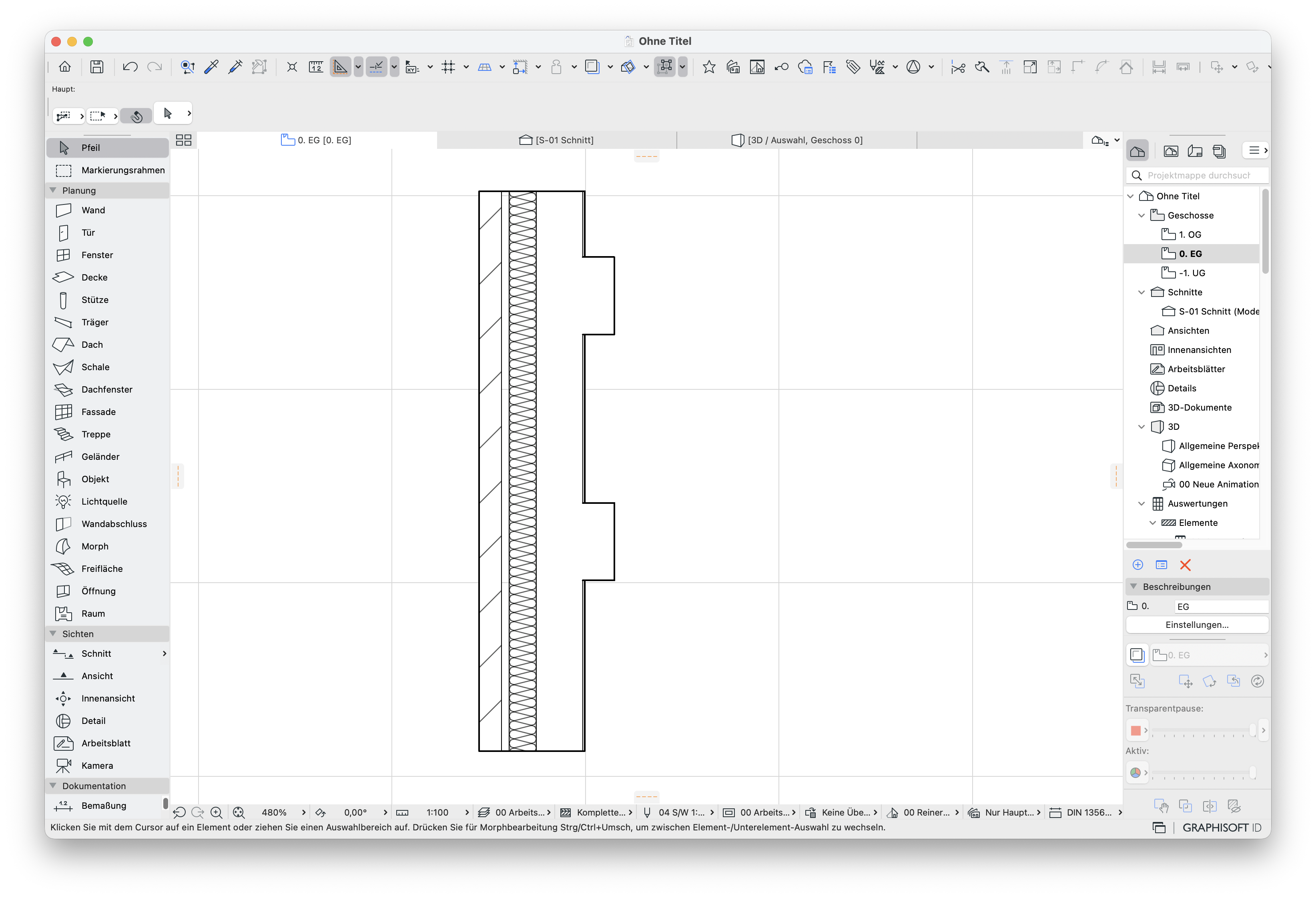 Offenes Grundrissfenster in Archicad, bei dem sich der Baustoff der Stützen und der gleiche Baustoff der Wand automatisch miteinander verbinden.