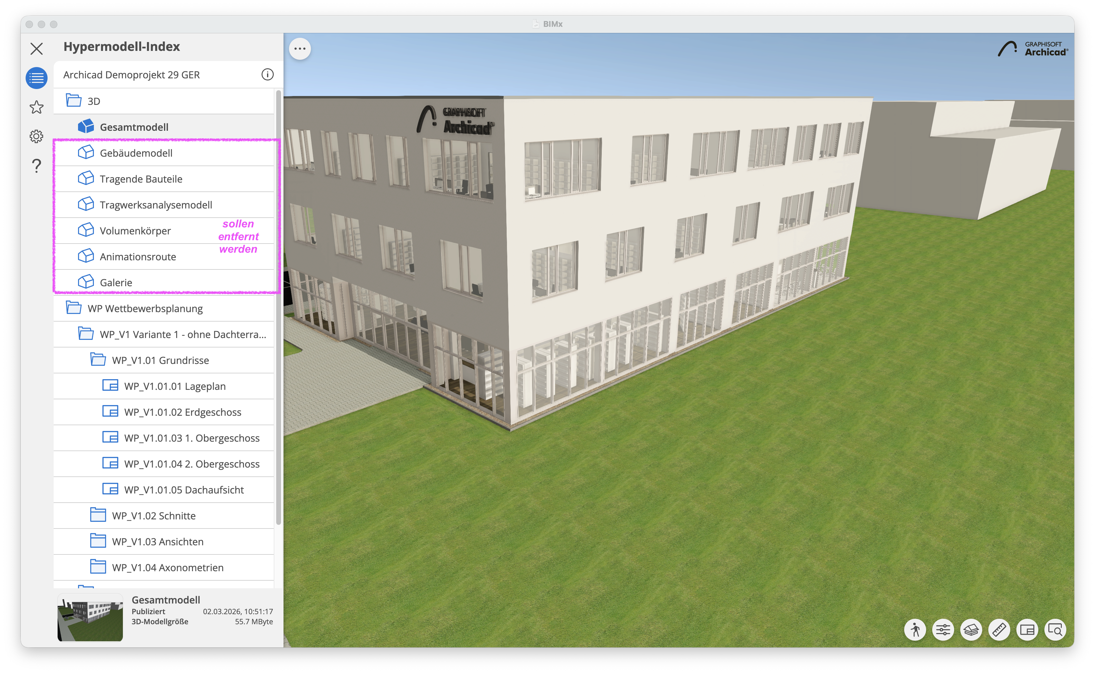 Hypermodell‑Index in BIMx mit geöffnetem Projekt Archicad Demoprojekt 29 GER, links ist unter dem Eintrag Gesamtmodell eine Liste von 3D‑Modellen wie Gebäudemodell Tragende Bauteile Tragwerksanalysemodell Volumenkörper Animationsroute und Galerie sichtbar während rechts die 3D‑Ansicht eines gerenderten Bürogebäudes mit Umgebung dargestellt wird.