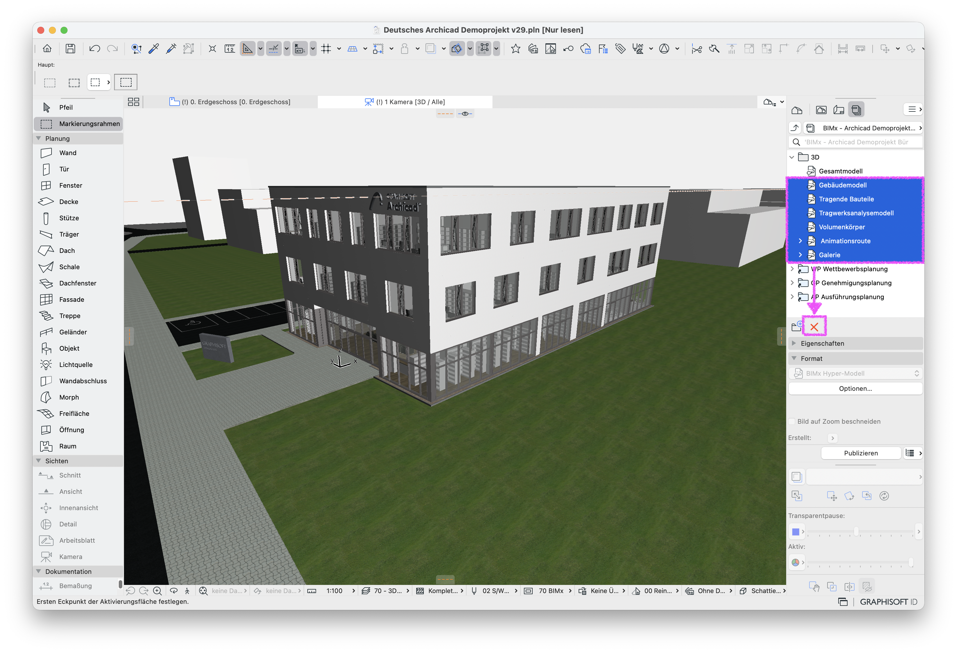 Perspektivische 3D‑Darstellung des Bürogebäudes im 3D‑Fenster, rechts ist in der Navigator‑Palette im BIMx‑Publisher‑Set der Ordner 3D mit den Elementen Gesamtmodell Gebäudemodell Tragende Bauteile Tragwerksanalysemodell Volumenkörper Animationsroute und Galerie markiert und im Bereich Format ist das BIMx Hyper‑Modell aktiviert.