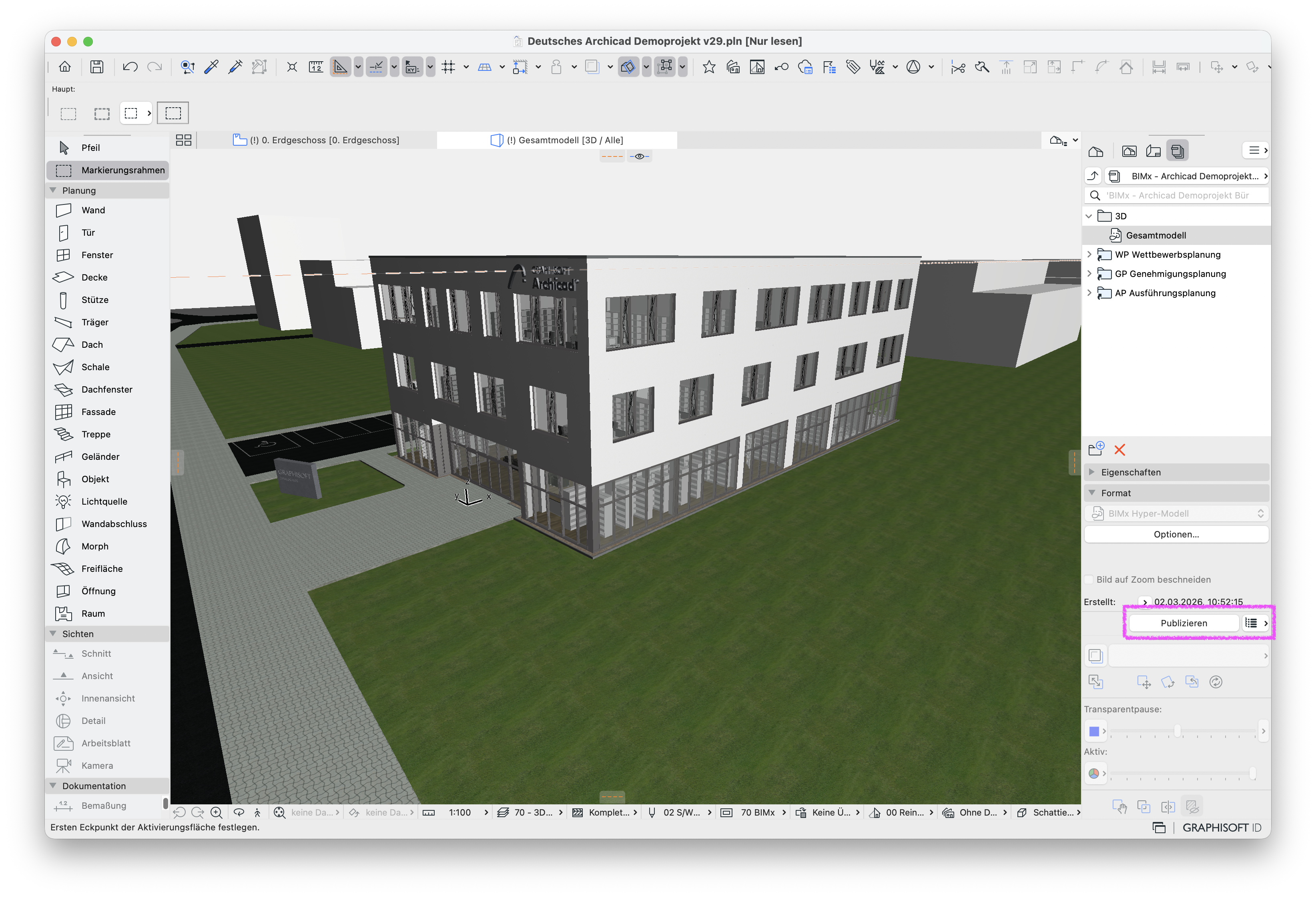 Perspektivische 3D‑Darstellung des Bürogebäudes im 3D‑Fenster, rechts im Publisher‑Dialog ist im BIMx‑Set der Eintrag Gesamtmodell ausgewählt und im Bereich Format ist der Typ BIMx Hyper‑Modell eingestellt, darunter befindet sich der aktive Button Publizieren mit dem der Export des Hyper‑Modells gestartet werden kann.