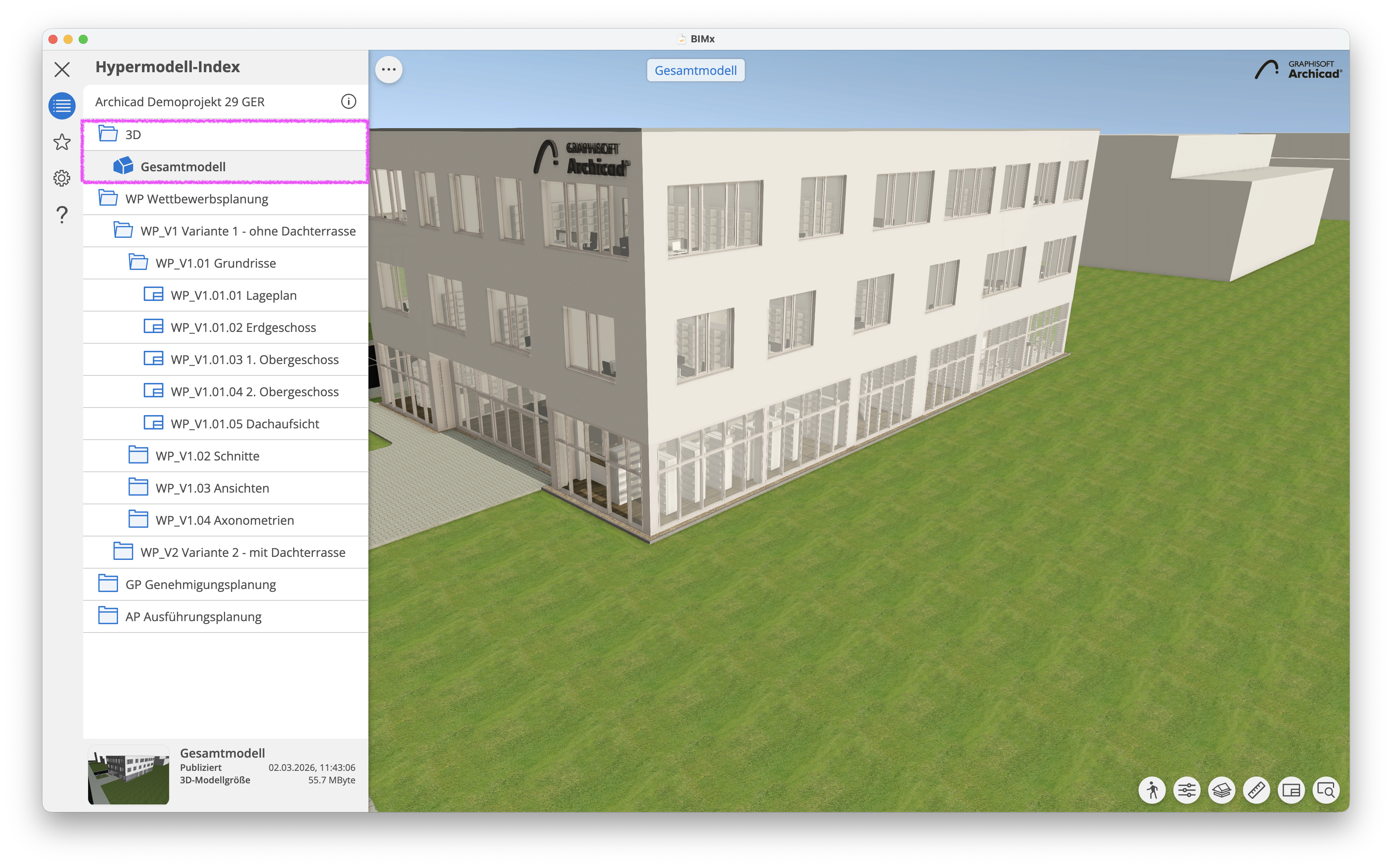 Angepasster Hypermodell‑Index in&nbsp;BIMx&nbsp;mit geöffnetem Projekt&nbsp;Archicad Demoprojekt 29 GER, in der linken Seitenleiste ist im Bereich&nbsp;3D&nbsp;der Eintrag&nbsp;Gesamtmodell&nbsp;ausgewählt und rechts wird das zugehörige Gesamtmodell des Bürogebäudes in der 3D‑Ansicht angezeigt.