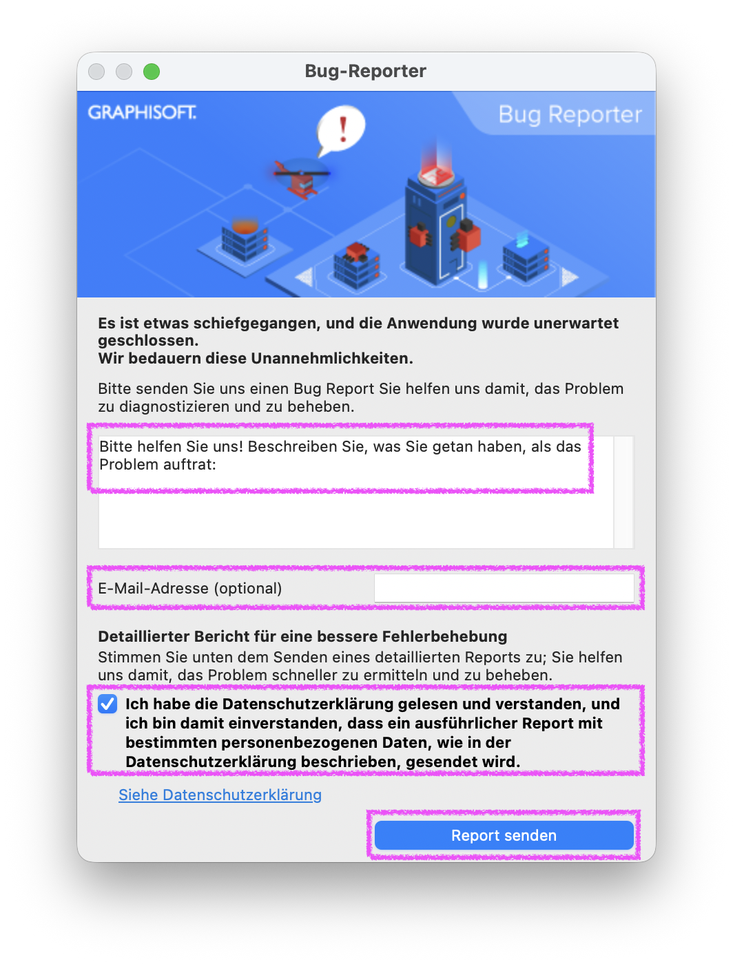 Dialogfenster Bug‑Reporter von Graphisoft, in dem nach einem unerwarteten Absturz die Anwendung um das Senden eines Fehlerberichts bittet und Eingabefelder für eine textliche Problembeschreibung ein optionales E‑Mail‑Adresse‑Feld sowie eine Checkbox zur Bestätigung der Datenschutzerklärung angezeigt werden, unten rechts befindet sich der Button Report senden zum Übermitteln des Berichts.