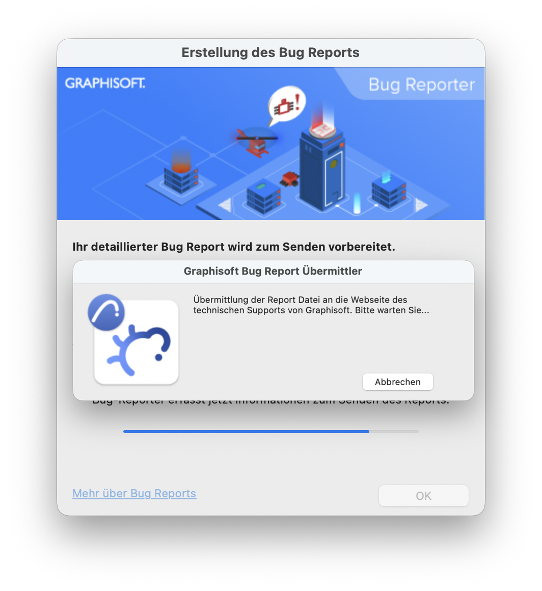 Dialogfenster Erstellung des Bug Reports, in dem der detaillierte Bug Report zum Senden vorbereitet wird und ein zusätzliches Overlay Graphisoft Bug Report Übermittler angezeigt wird das die laufende Übermittlung der Report‑Datei an die Support‑Webseite beschreibt mit einem Button Abbrechen während darunter ein Fortschrittsbalken den Sende‑Status visualisiert.