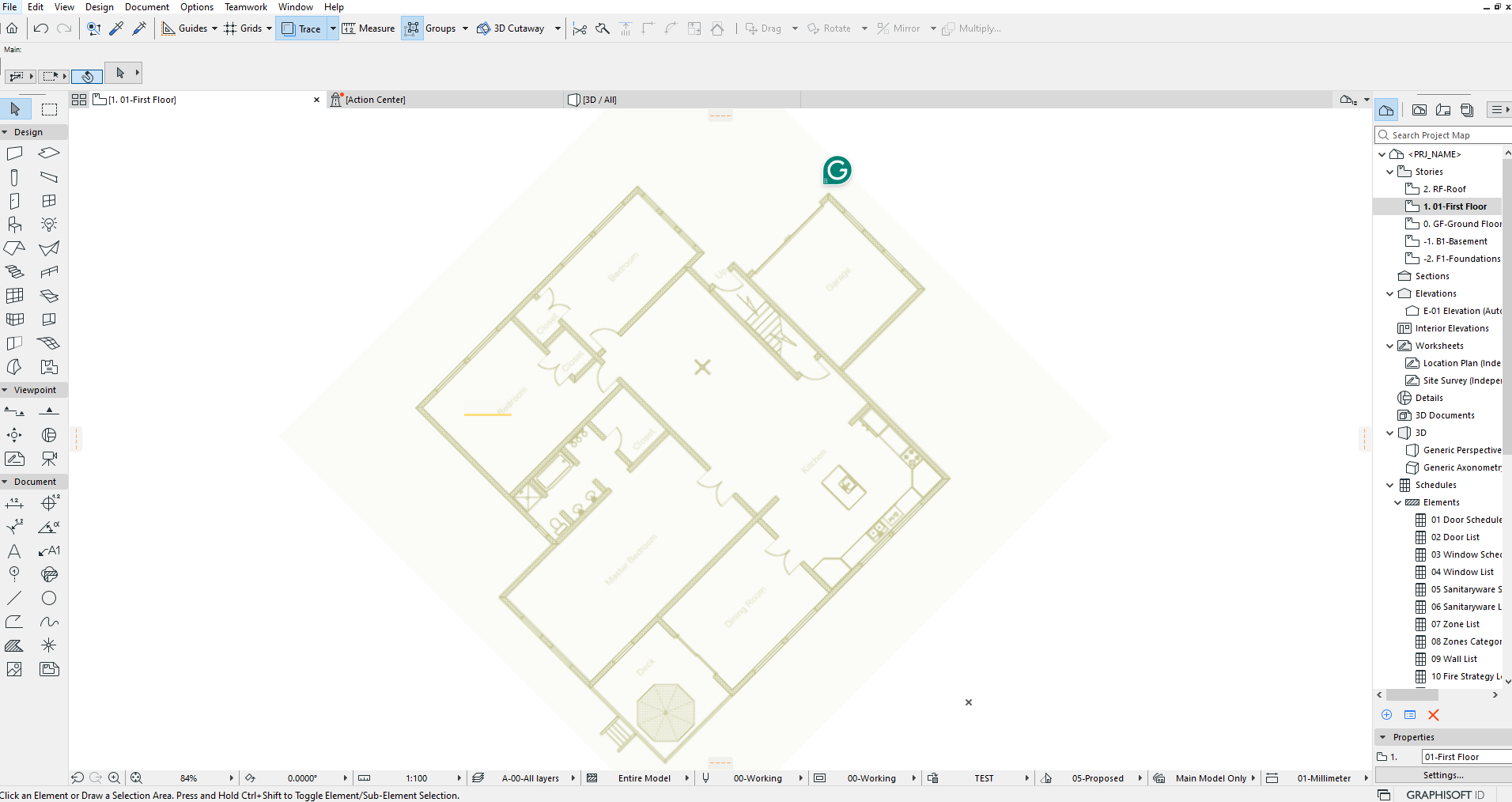 Espace de travail Archicad affichant un plan 2D du premier étage en vue inclinée, avec les pièces en contour vert clair, les barres d’outils en haut et à gauche, et le navigateur de projet à droite.