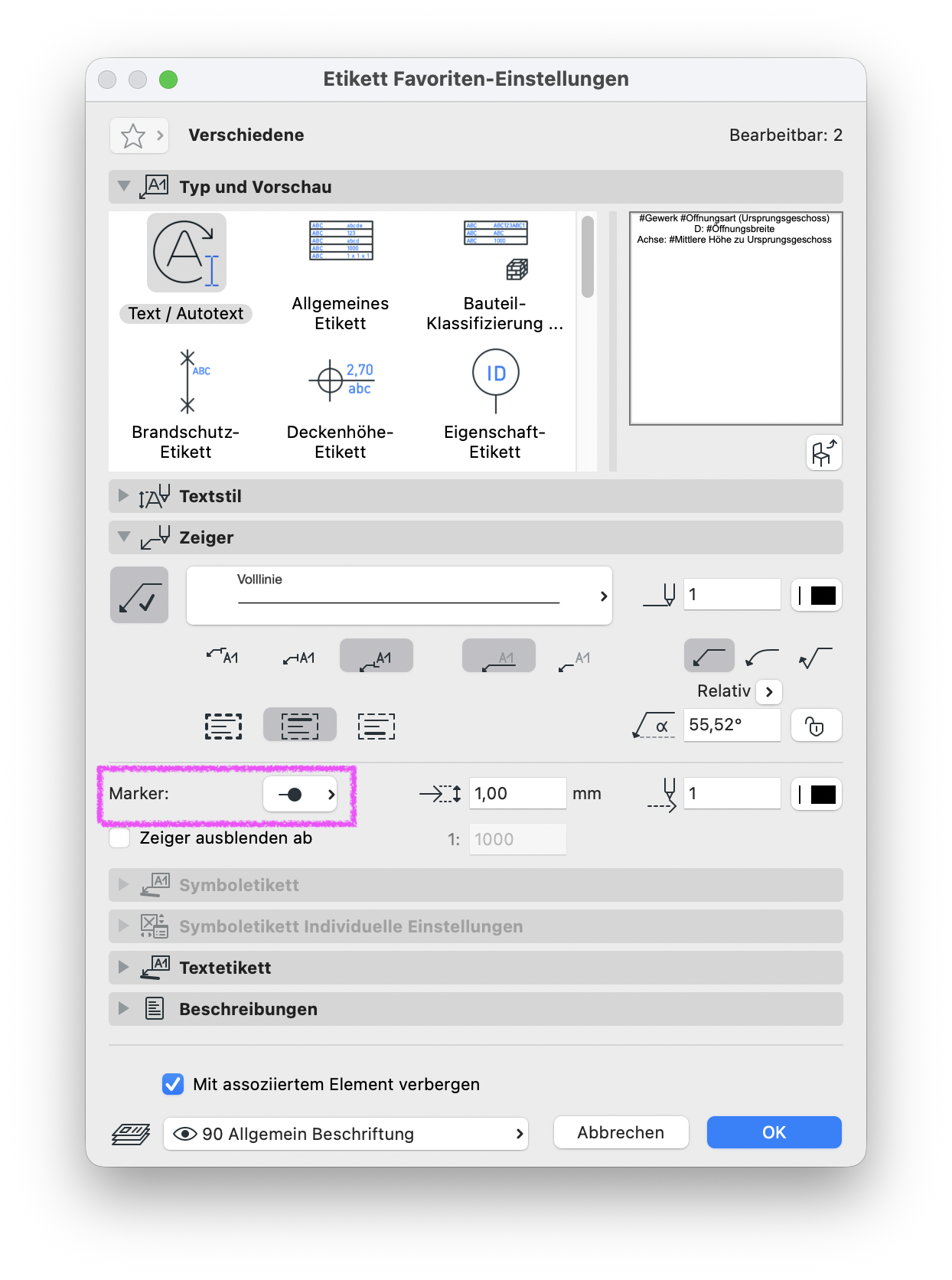 Dialog Etikett Favoriten‑Einstellungen für ein Text/Autotext‑Etikett, im Bereich Zeiger ist die Option Marker hervorgehoben und als Markertyp ein kleiner runder Punkt gewählt sodass dieser Favorit künftig Etiketten mit Punkt‑Marker am Ende des Zeigers verwendet.