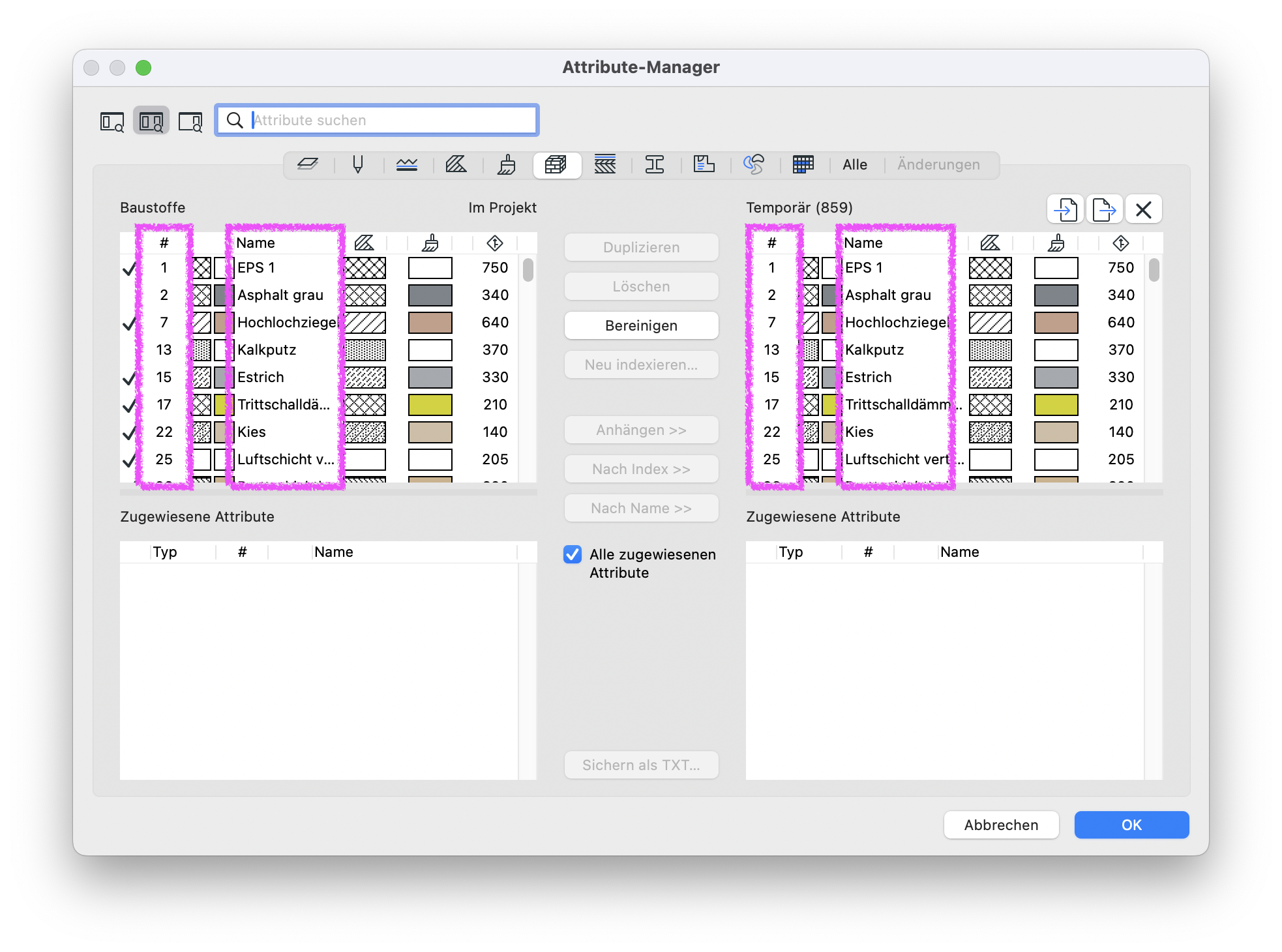 Archicad Dialog „Attribute-Manager“ mit Vergleich der Baustoffe im Projekt und temporären Attributen, wobei Indexnummern und Namen der Baustoffe hervorgehoben sind.