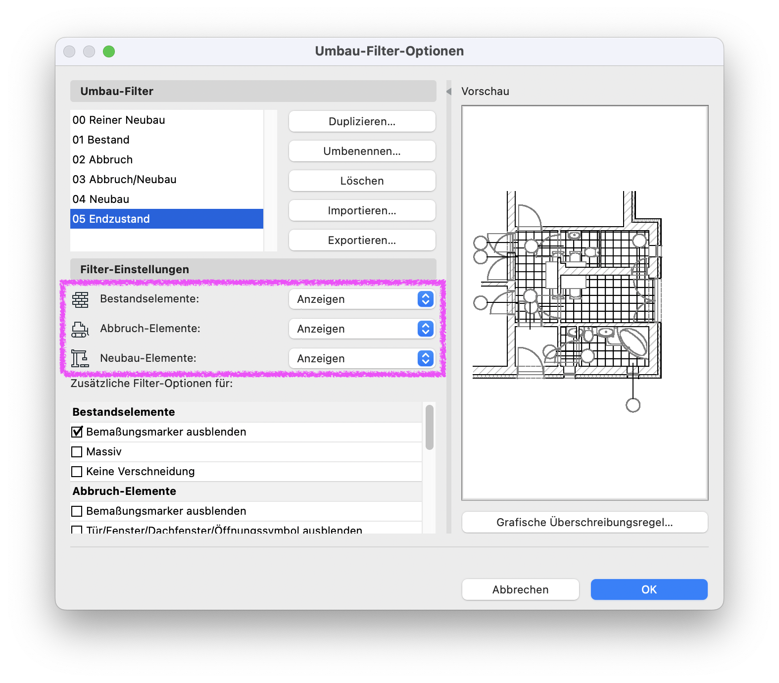 Archicad Dialog „Umbau-Filter-Optionen“ mit ausgewähltem Filter „05 Endzustand“ und Einstellungen zur Anzeige von Bestands-, Abbruch- und Neubau-Elementen.