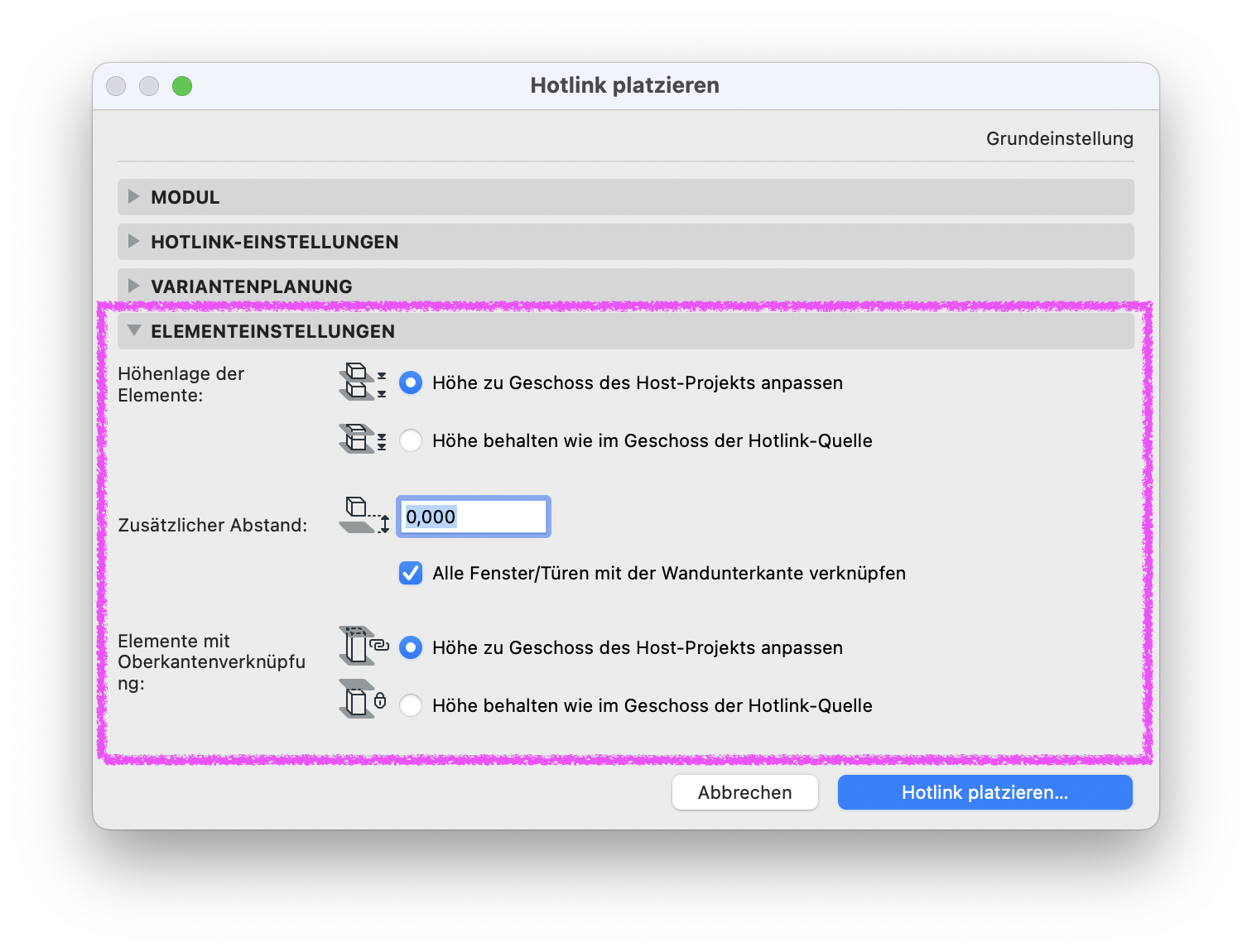 Archicad Dialog „Hotlink platzieren“ mit geöffnetem Bereich „Elementeinstellungen“, der Optionen zur Höhenanpassung der Hotlink-Elemente an die Geschosse des Host-Projekts sowie zusätzliche Abstandseinstellungen zeigt.